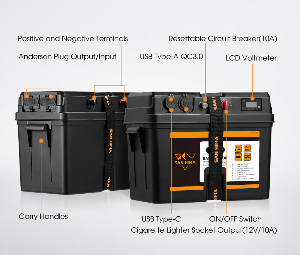 San Hima Battery Box Portable 12V 2x USB & Cig Socket Deep Cycle AGM Universal - Sunyee