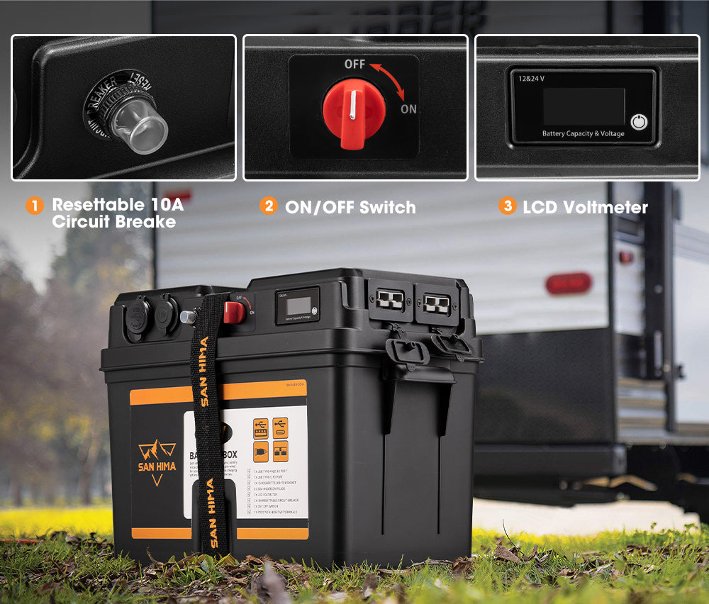 San Hima Battery Box Portable 12V 2x USB & Cig Socket Deep Cycle AGM Universal - Sunyee