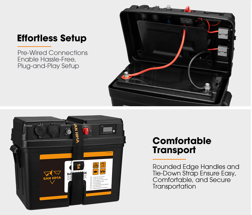 San Hima Battery Box Portable 12V 2x USB & Cig Socket Deep Cycle AGM Universal - Sunyee