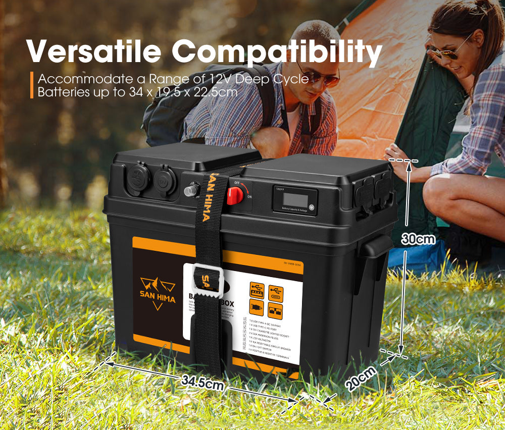 San Hima Battery Box Portable 12V 2x USB & Cig Socket Deep Cycle AGM Universal - Sunyee