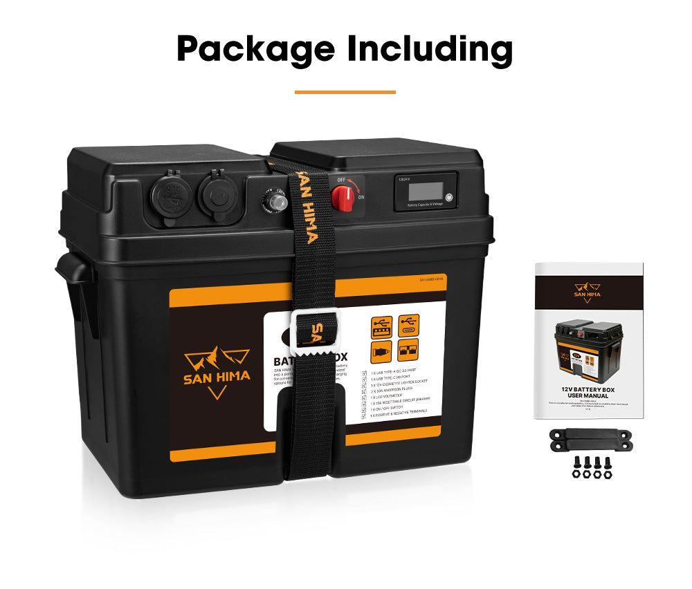 San Hima Battery Box Portable 12V 2x USB & Cig Socket Deep Cycle AGM Universal - Sunyee