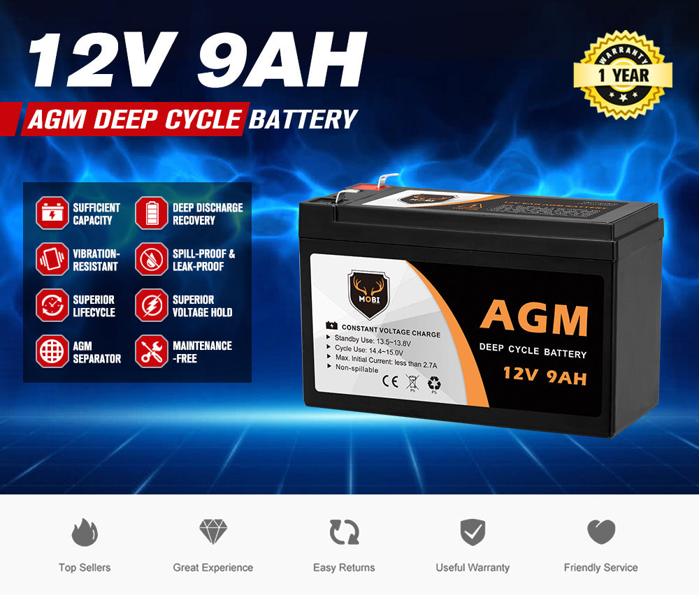12V 9AH AGM Battery Deep Cycle Battery AMP Lead Acid SLA Solar Power - Sunyee