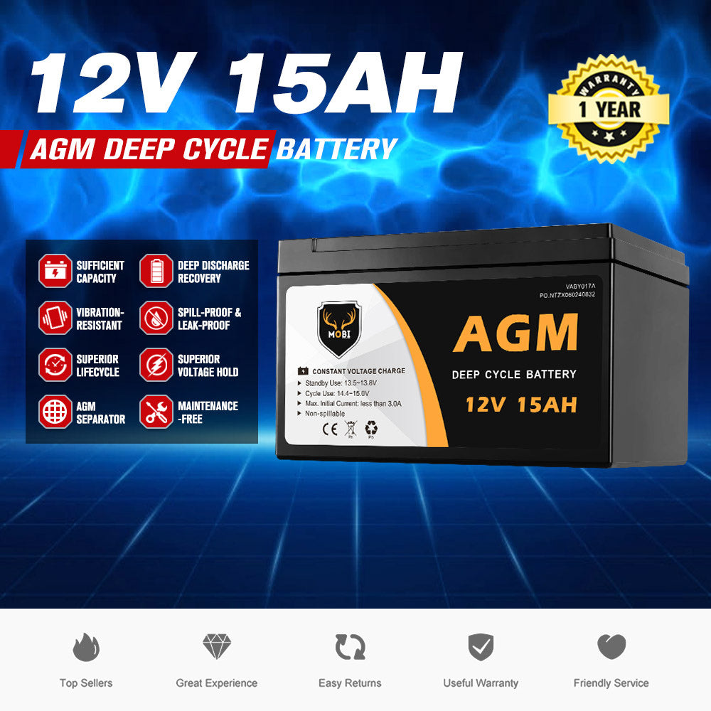 Mobi 15AH 12V AGM Battery Deep Cycle Camping Marine Solar SLA Lead Acid - Sunyee