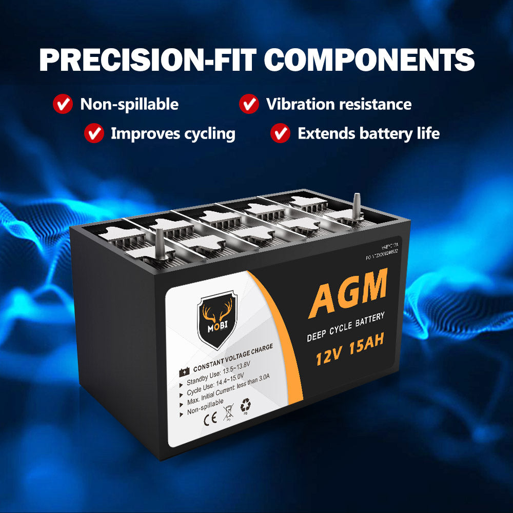 Mobi 15AH 12V AGM Battery Deep Cycle Camping Marine Solar SLA Lead Acid - Sunyee