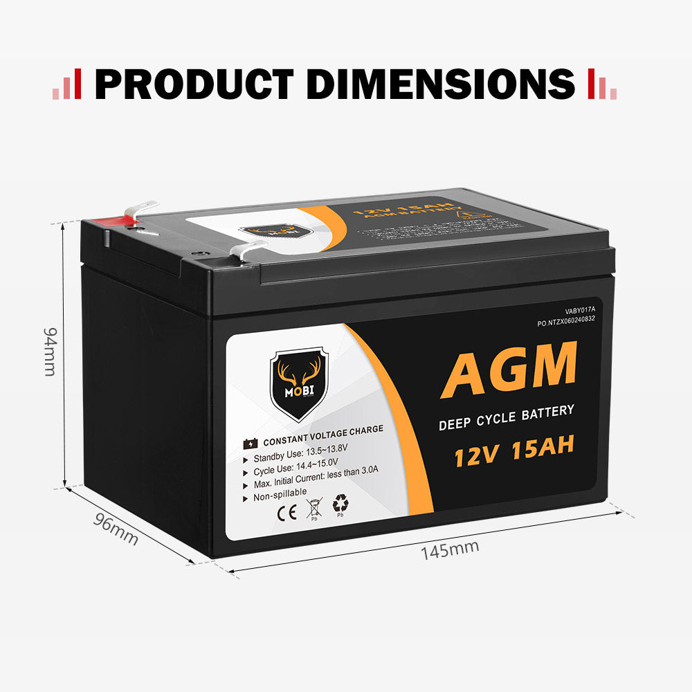 Mobi 15AH 12V AGM Battery Deep Cycle Camping Marine Solar SLA Lead Acid - Sunyee