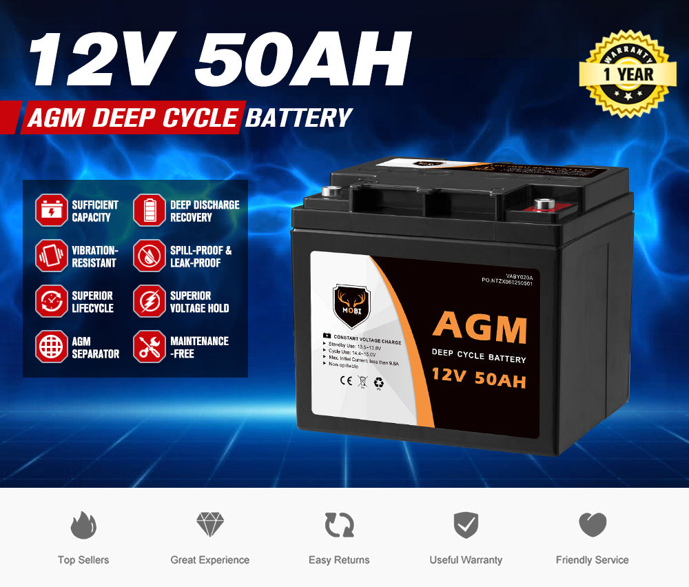 Mobi 12V 50AH AGM Battery Deep Cycle Mobility Scooter Golf Cart Camping - Sunyee