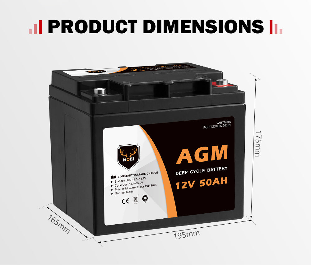 Mobi 12V 50AH AGM Battery Deep Cycle Mobility Scooter Golf Cart Camping - Sunyee