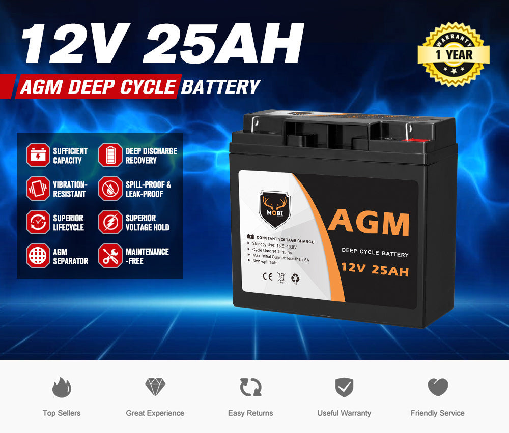 Mobi 12V 25AH AGM Battery Deep Cycle Mobility Scooter Golf Cart Camping 4x4 - Sunyee