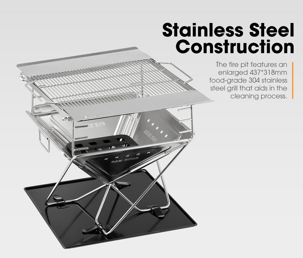 San Hima Portable Fire Pit Large Size Folding Stainless Steel BBQ Grill Outdoor - Sunyee