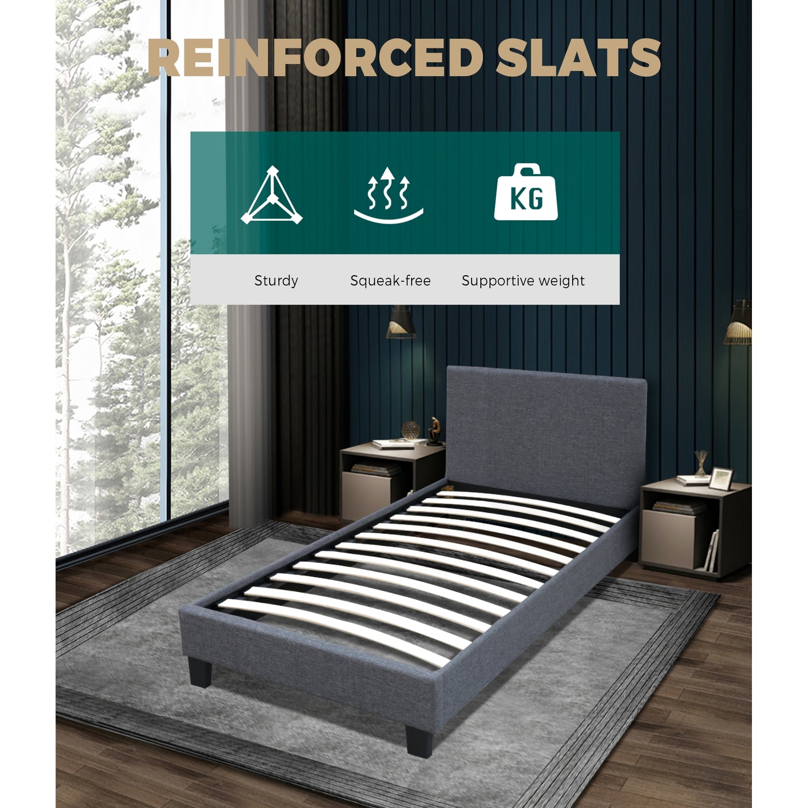 Bed Frame King Single Size Base Mattress Platform Fabric Wooden Solid Slat Grey - Sunyee