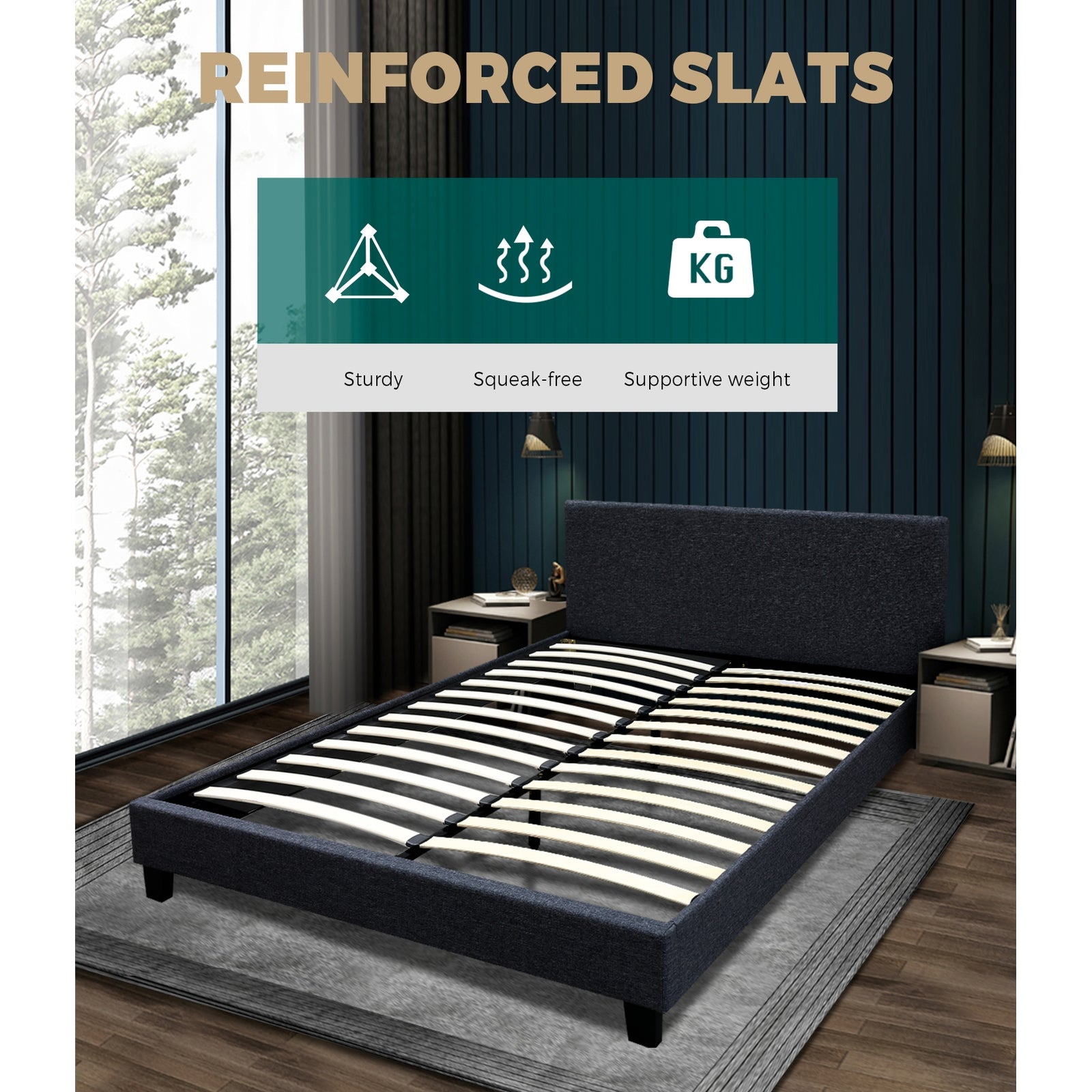 Bed Frame Queen Mattress Base Wooden Platform Fabric Solid Platform Charcoal - Sunyee