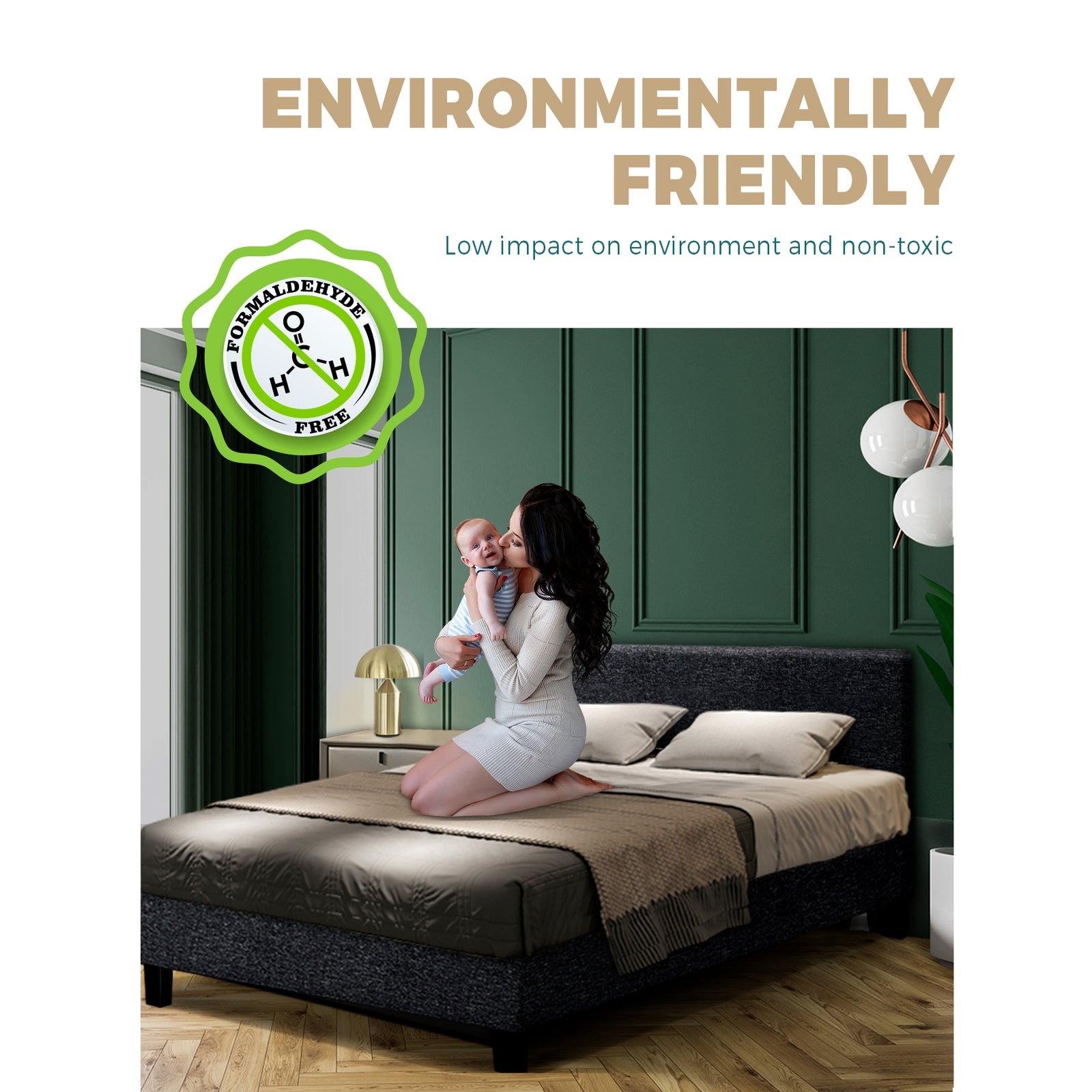 Bed Frame Queen Mattress Base Wooden Platform Fabric Solid Platform Charcoal - Sunyee