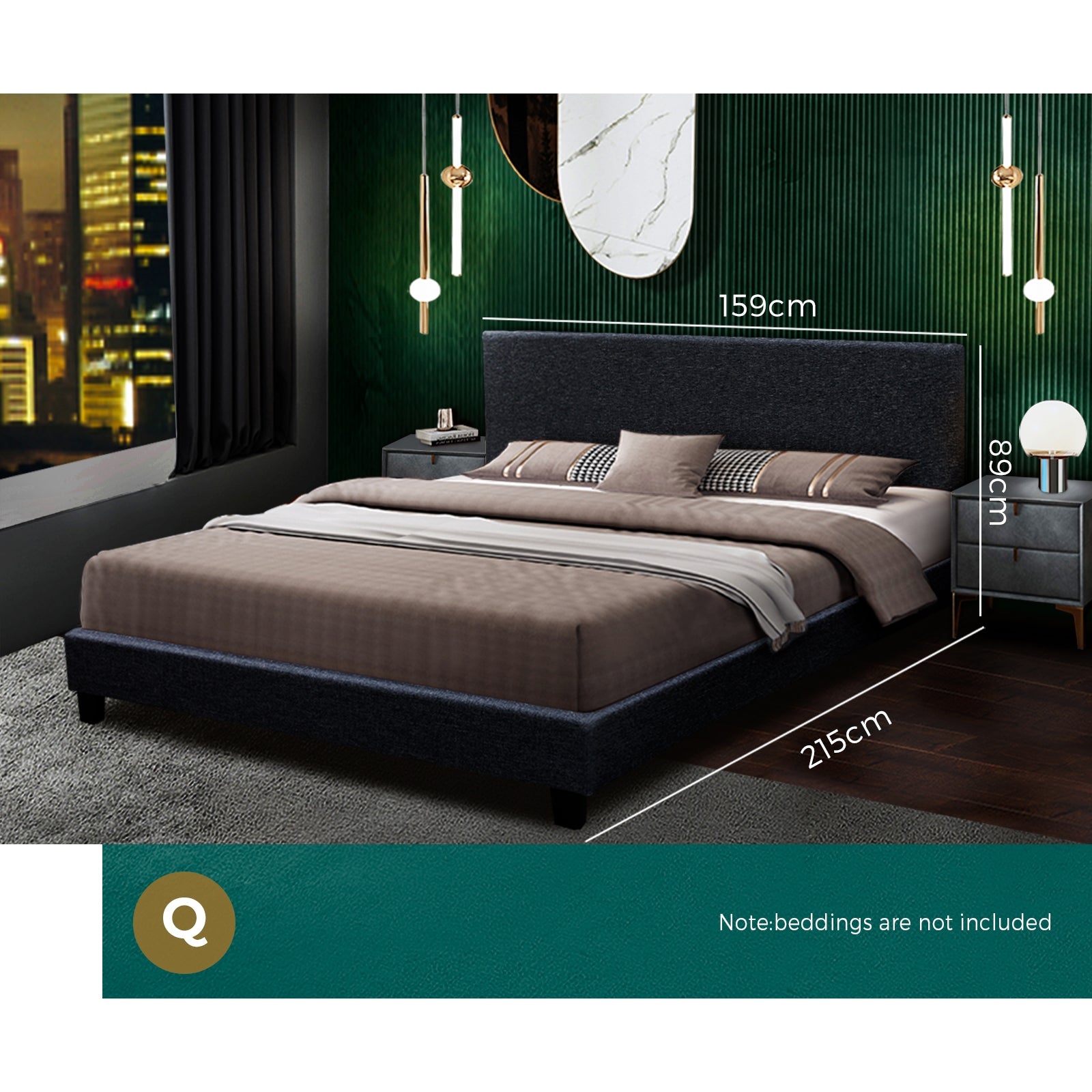 Bed Frame Queen Mattress Base Wooden Platform Fabric Solid Platform Charcoal - Sunyee