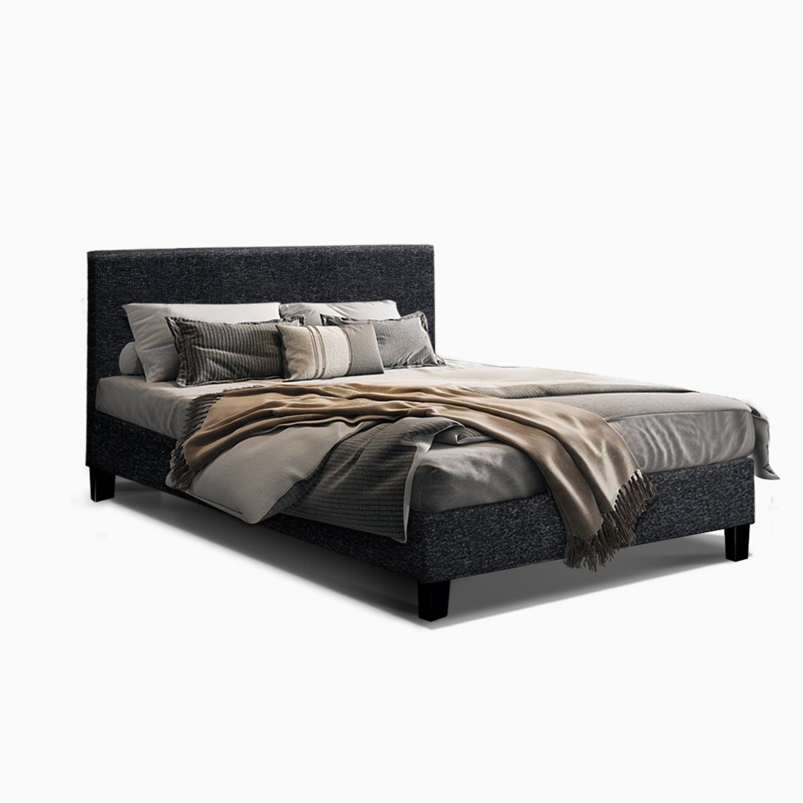 Bed Frame Queen Mattress Base Wooden Platform Fabric Solid Platform Charcoal - Sunyee