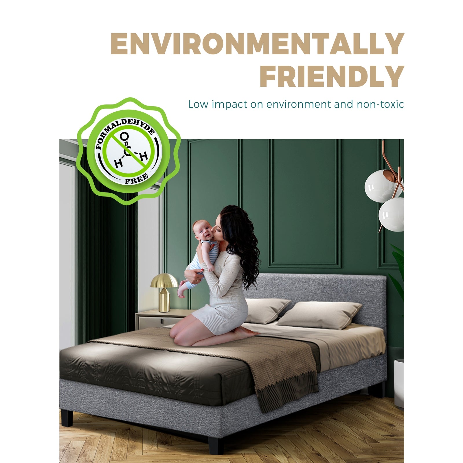 Bed Frame Queen Size Base Mattress Platform Fabric Wooden Solid Slat Grey - Sunyee