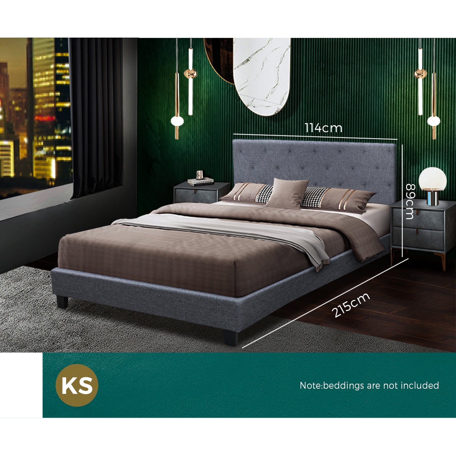 Bed Frame King Single Mattress Base Fabric Wooden Platform Solid Slat Grey - Sunyee