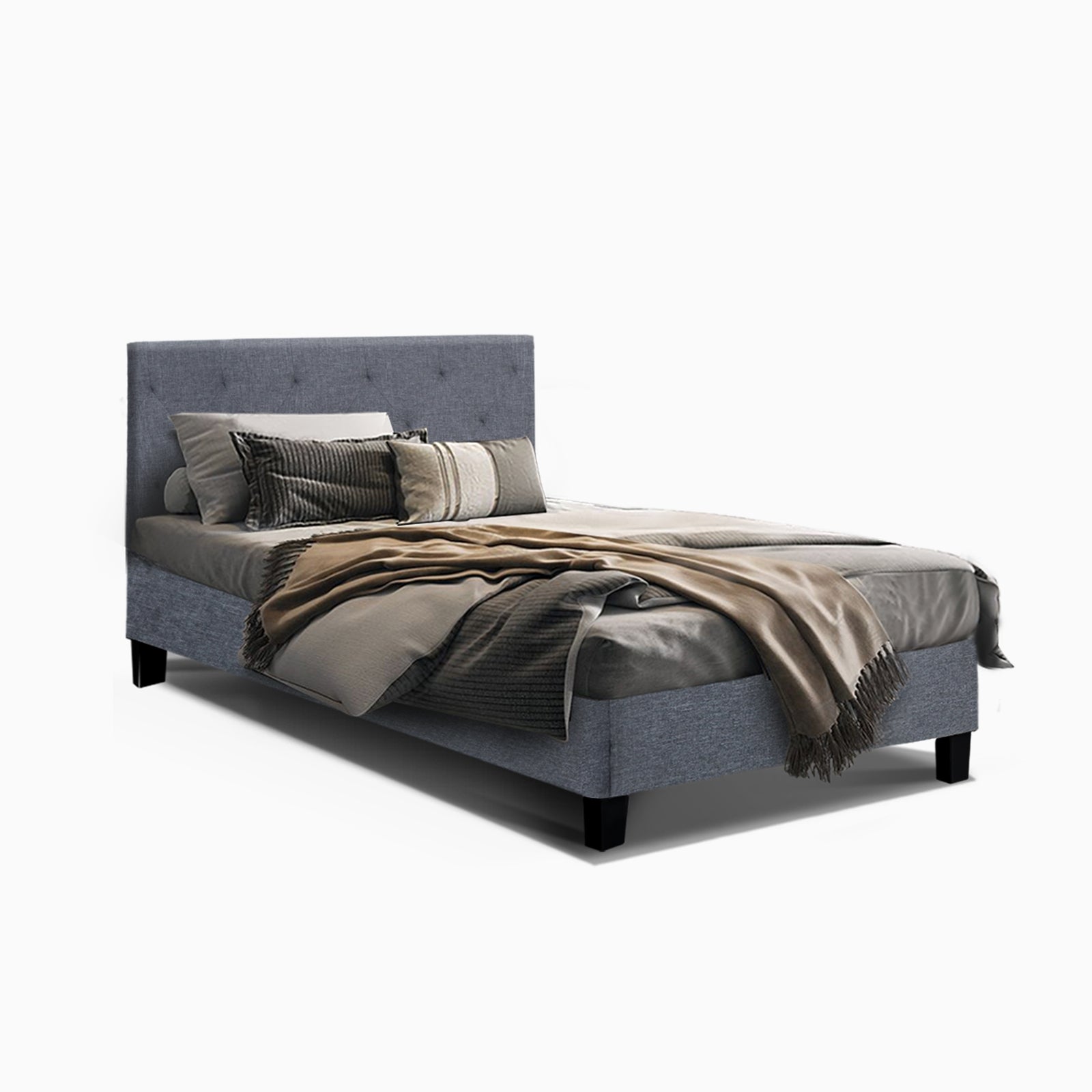 Bed Frame King Single Mattress Base Fabric Wooden Platform Solid Slat Grey - Sunyee