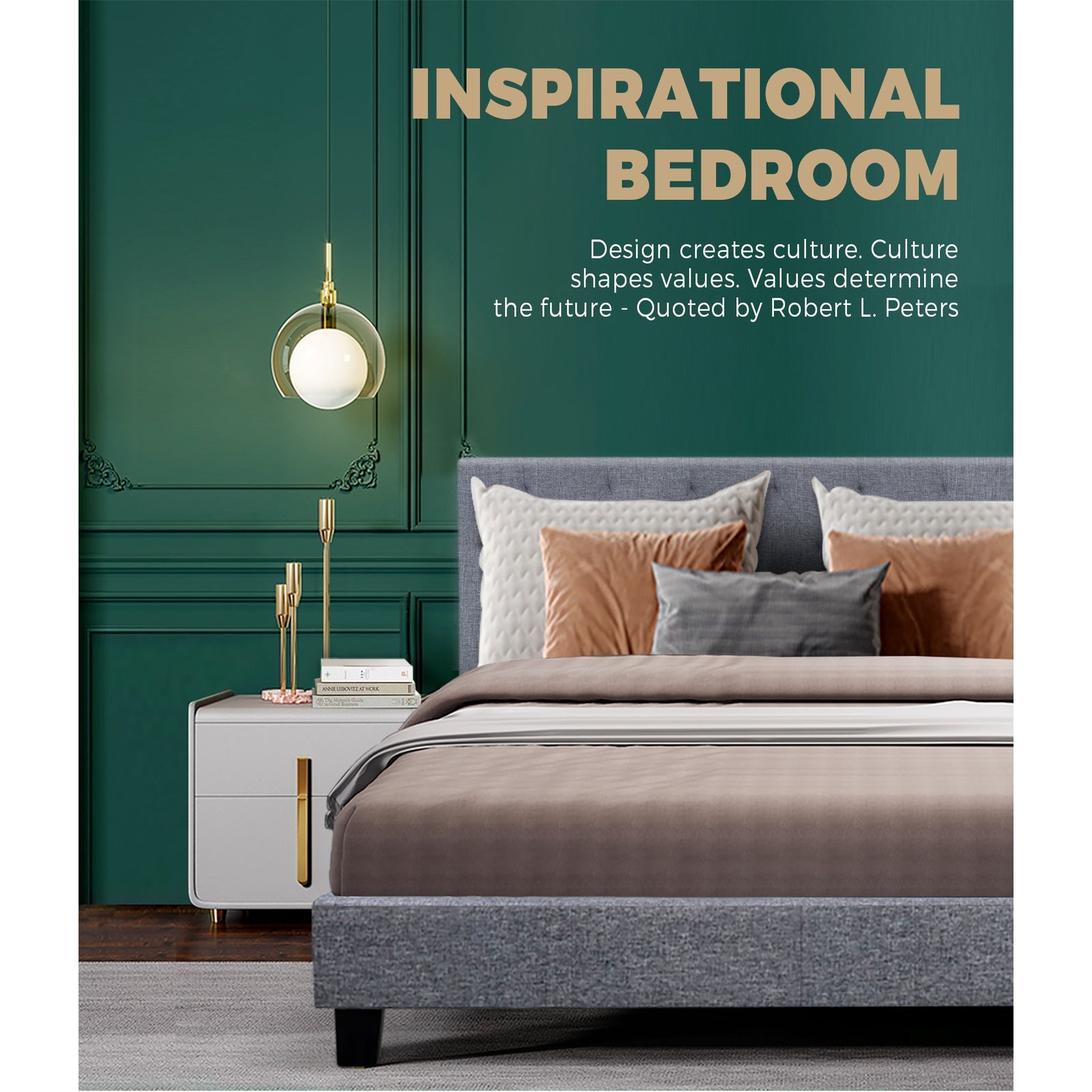 Bed Frame Queen Size Mattress Base Fabric Wooden Platform Solid Slat Grey - Sunyee