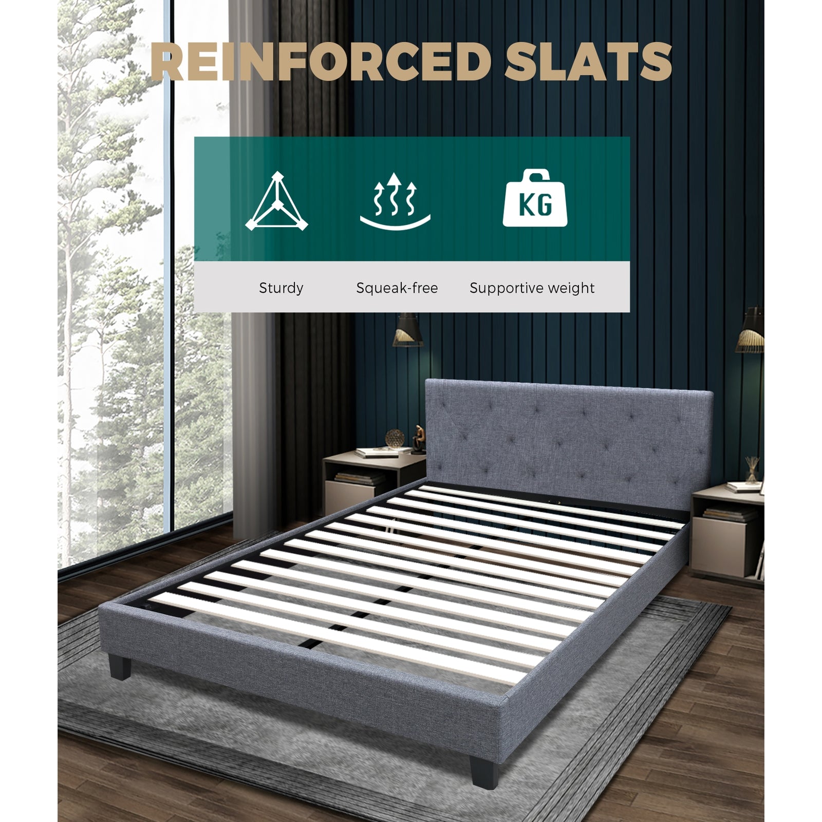 Bed Frame Queen Size Mattress Base Fabric Wooden Platform Solid Slat Grey - Sunyee