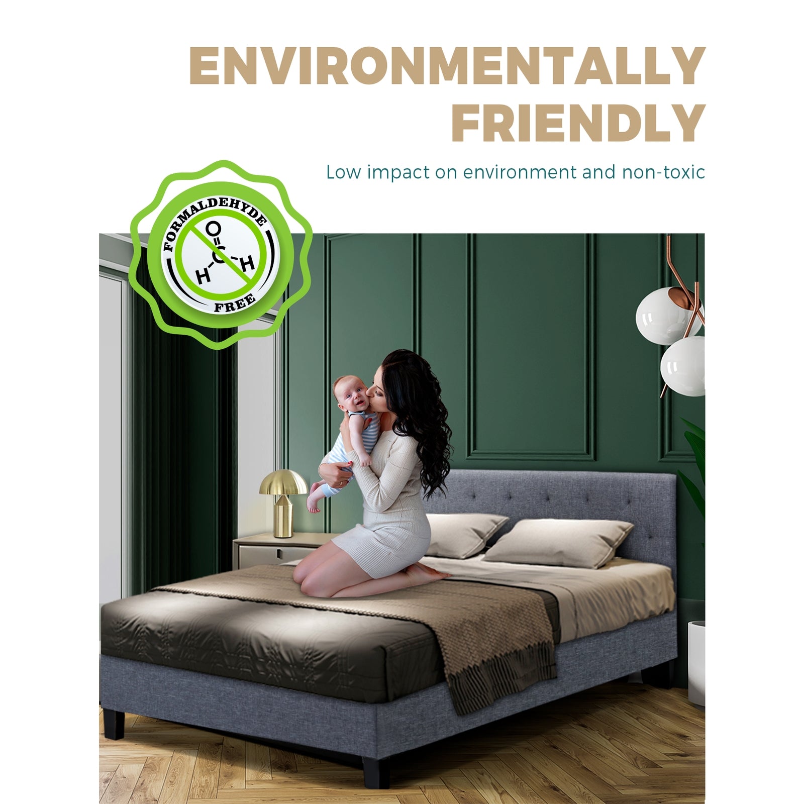 Bed Frame Queen Size Mattress Base Fabric Wooden Platform Solid Slat Grey - Sunyee