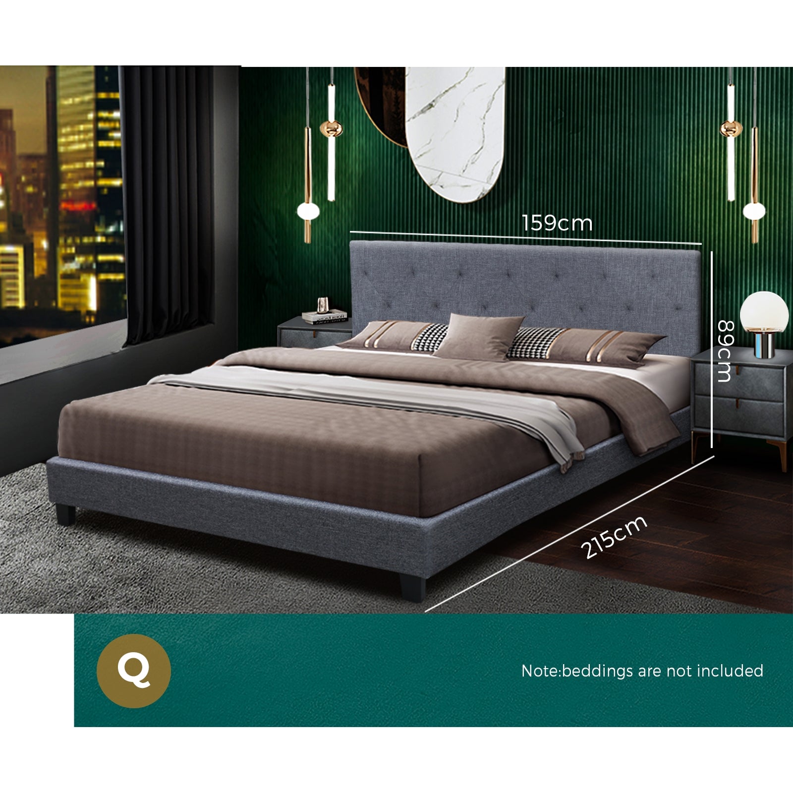 Bed Frame Queen Size Mattress Base Fabric Wooden Platform Solid Slat Grey - Sunyee