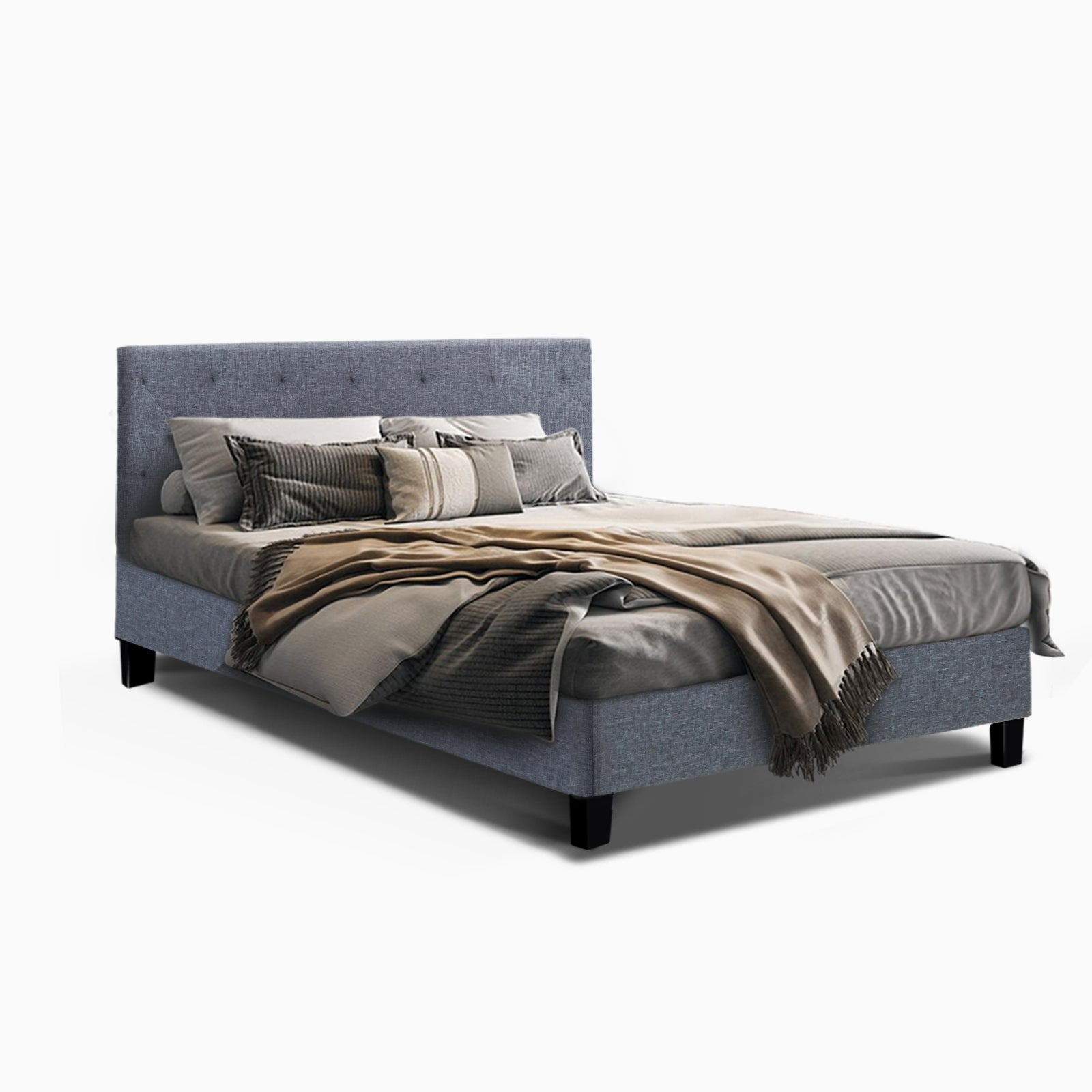 Bed Frame Queen Size Mattress Base Fabric Wooden Platform Solid Slat Grey - Sunyee