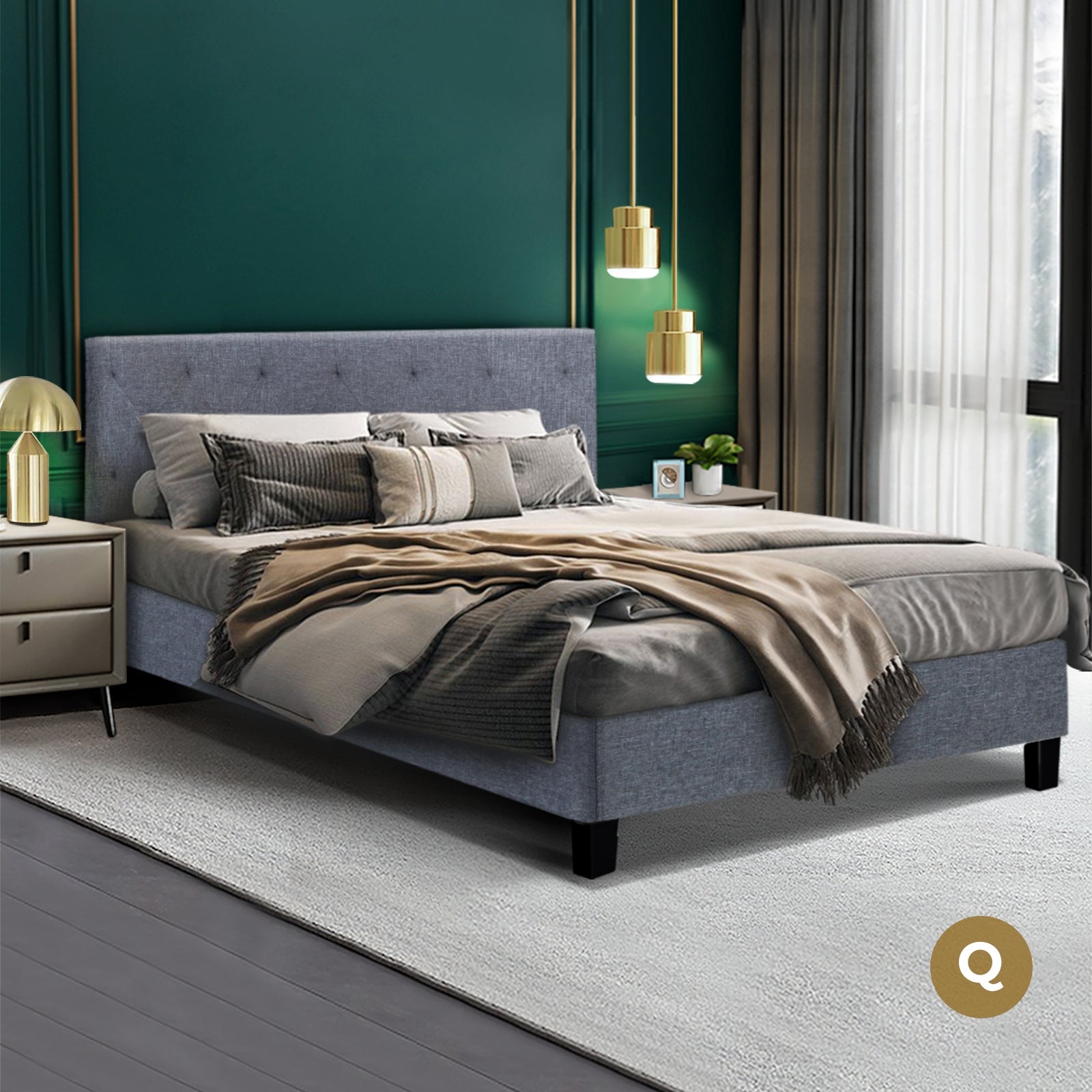 Bed Frame Queen Size Mattress Base Fabric Wooden Platform Solid Slat Grey - Sunyee