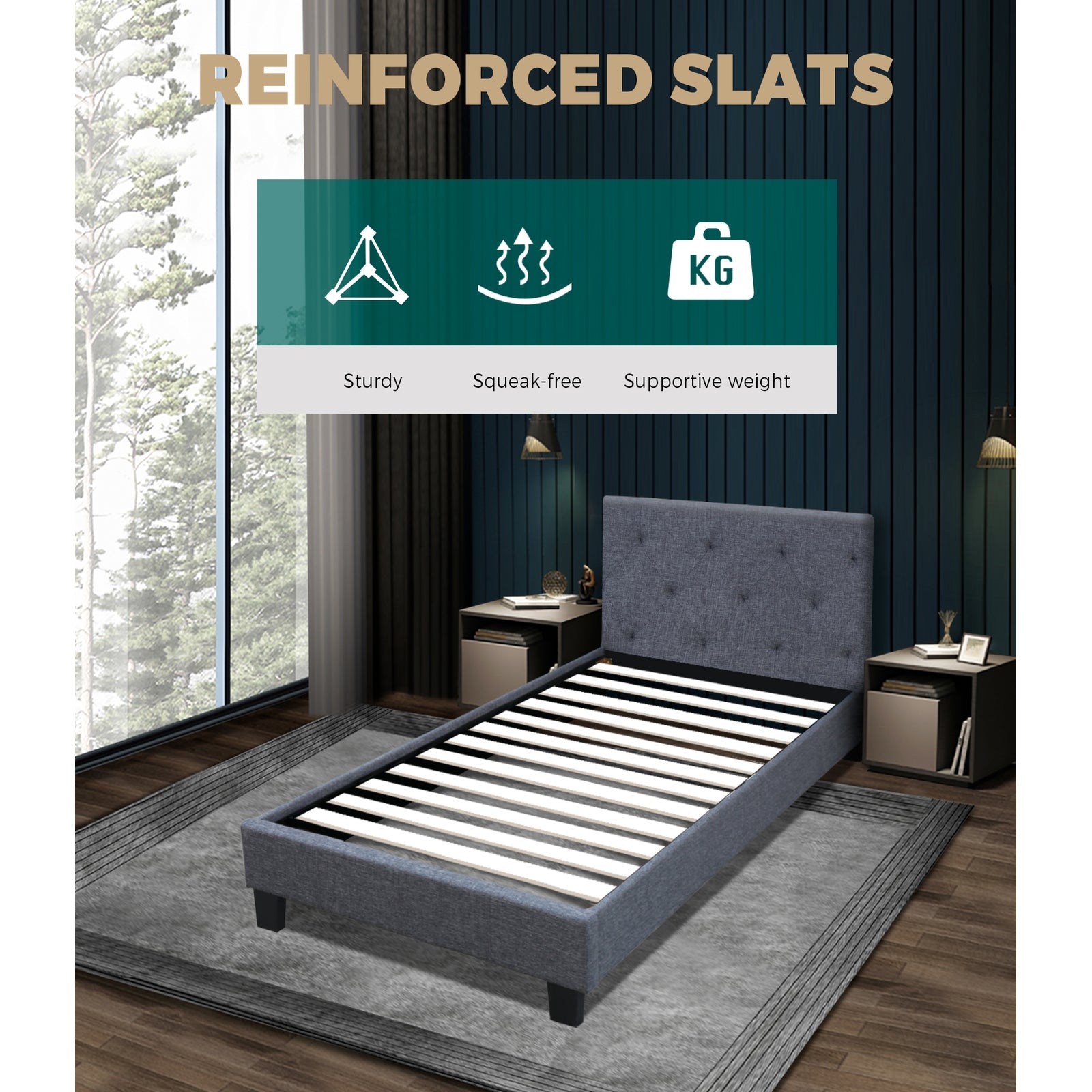 Bed Frame Single Size Mattress Base Wooden Platform Fabric Solid Slat Grey - Sunyee