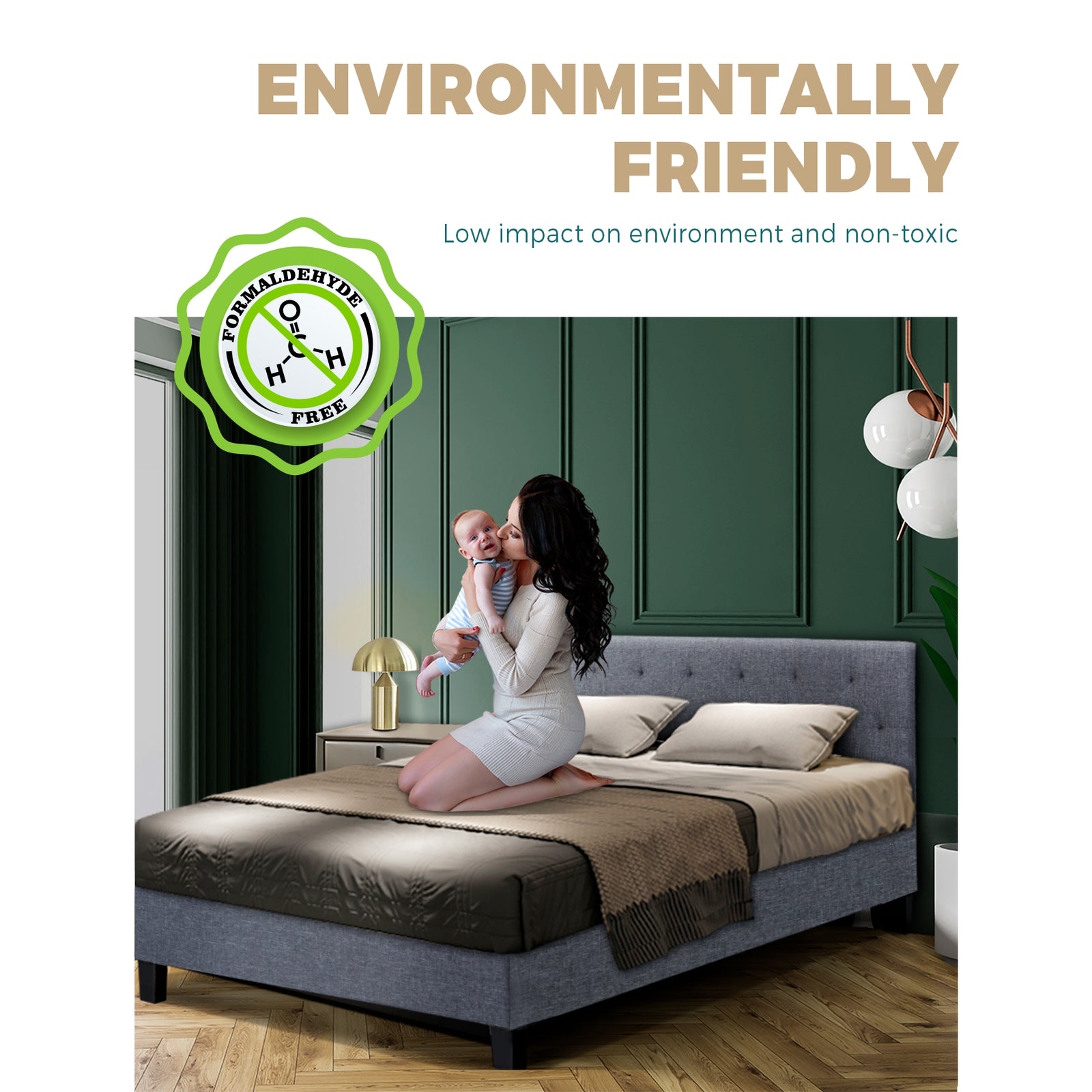 Bed Frame Single Size Mattress Base Wooden Platform Fabric Solid Slat Grey - Sunyee