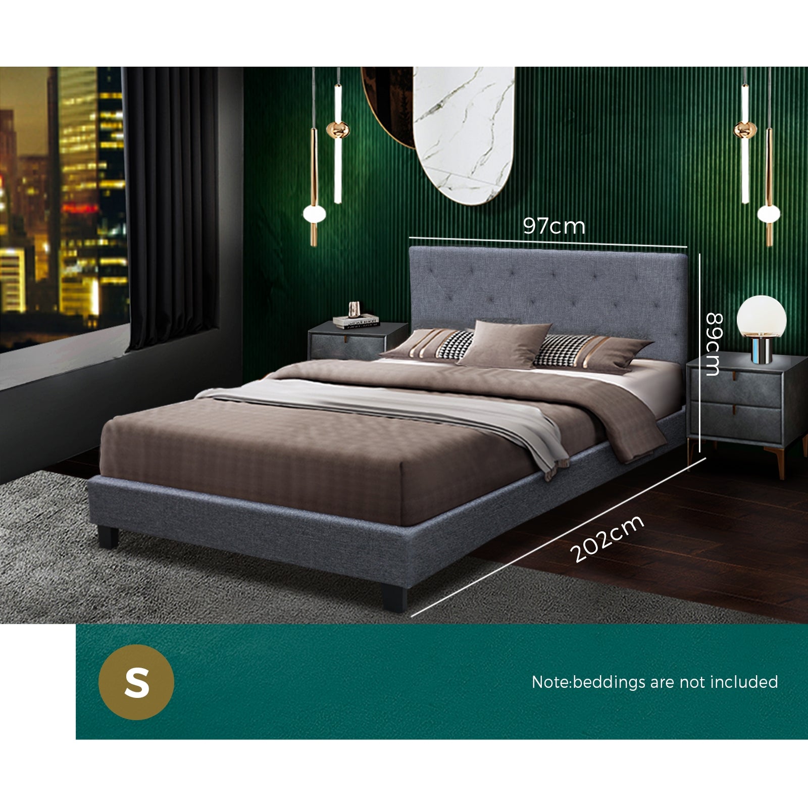 Bed Frame Single Size Mattress Base Wooden Platform Fabric Solid Slat Grey - Sunyee