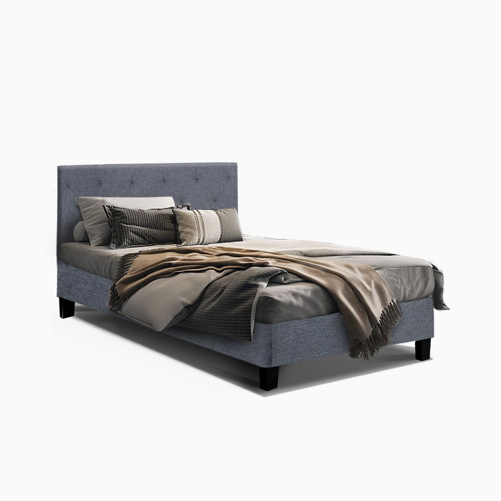 Bed Frame Single Size Mattress Base Wooden Platform Fabric Solid Slat Grey - Sunyee