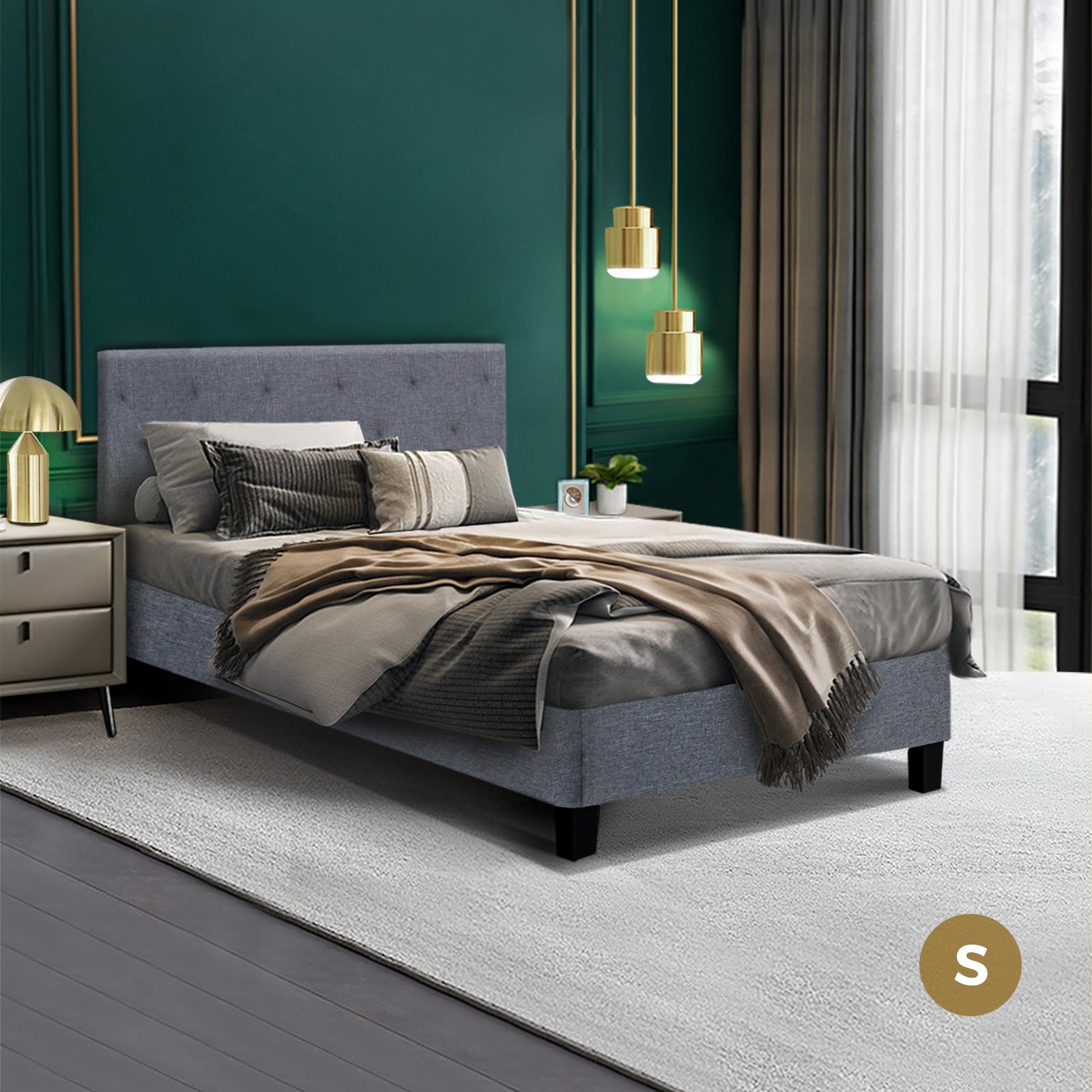 Bed Frame Single Size Mattress Base Wooden Platform Fabric Solid Slat Grey - Sunyee