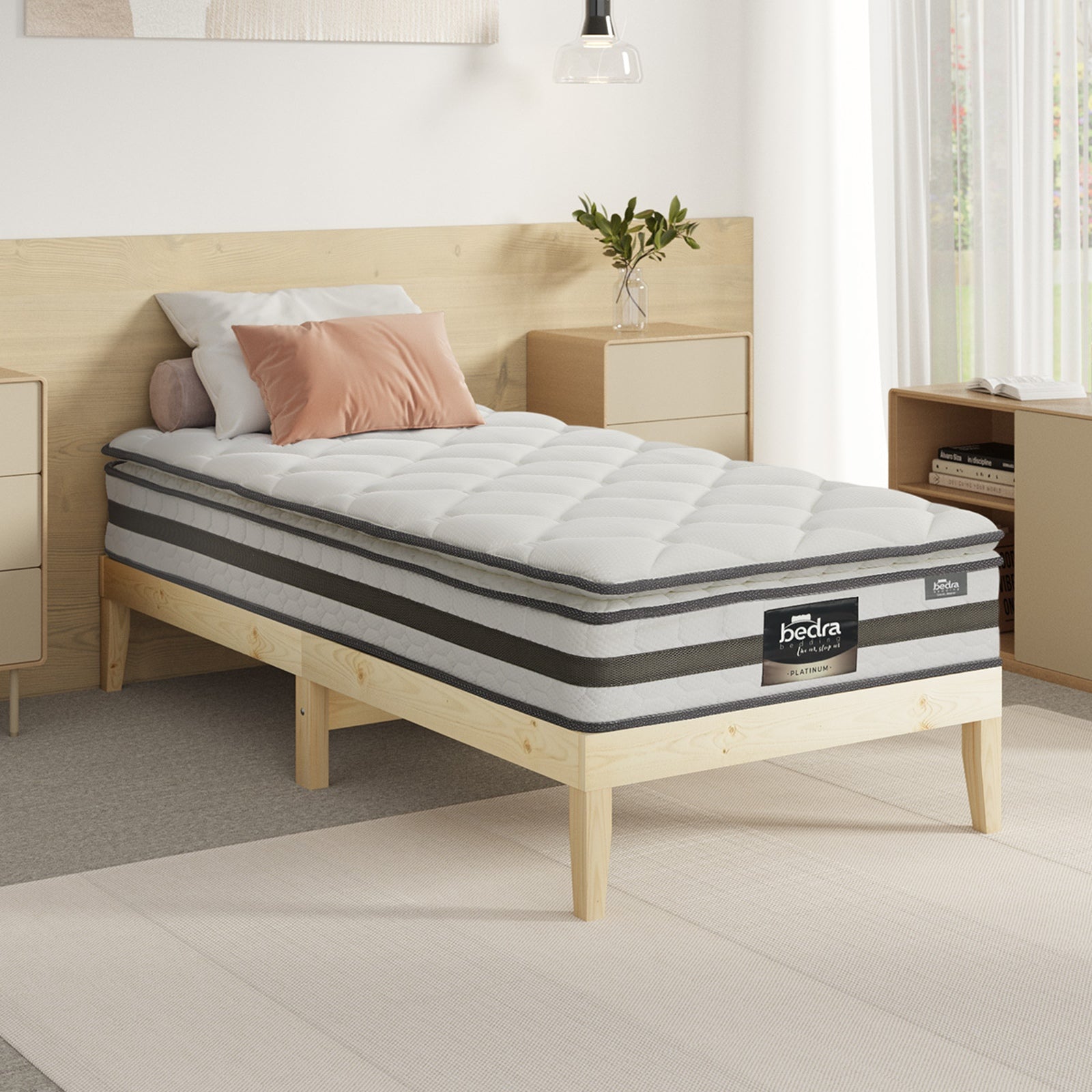 Oikiture Bed Frame King Single Wooden Timber Platform with Mattress - Sunyee