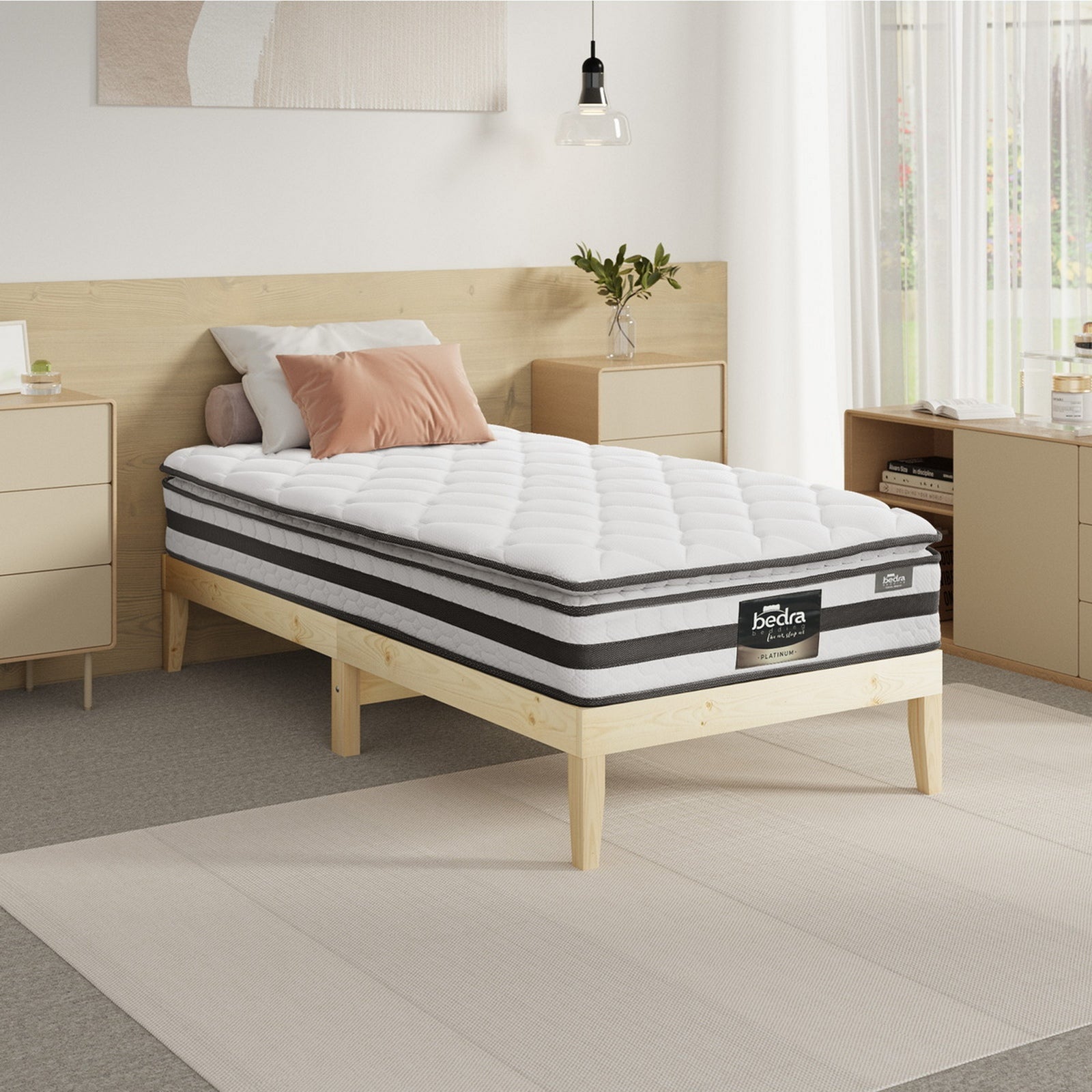 Oikiture Bed Frame Single Size Wooden Timber Platform with Mattress - Sunyee