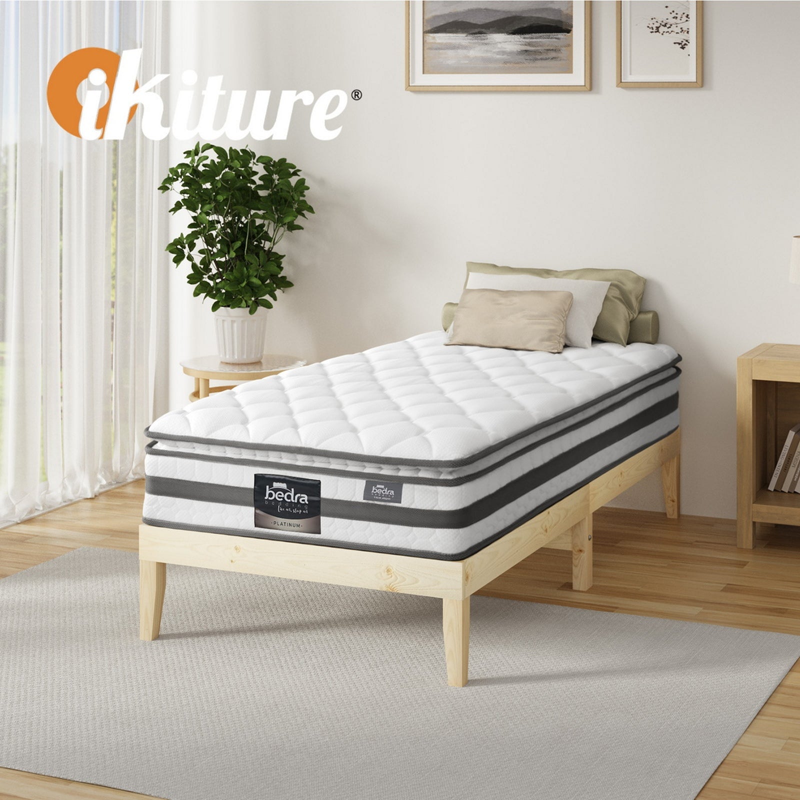 Oikiture Bed Frame Single Size Wooden Timber Platform with Mattress - Sunyee