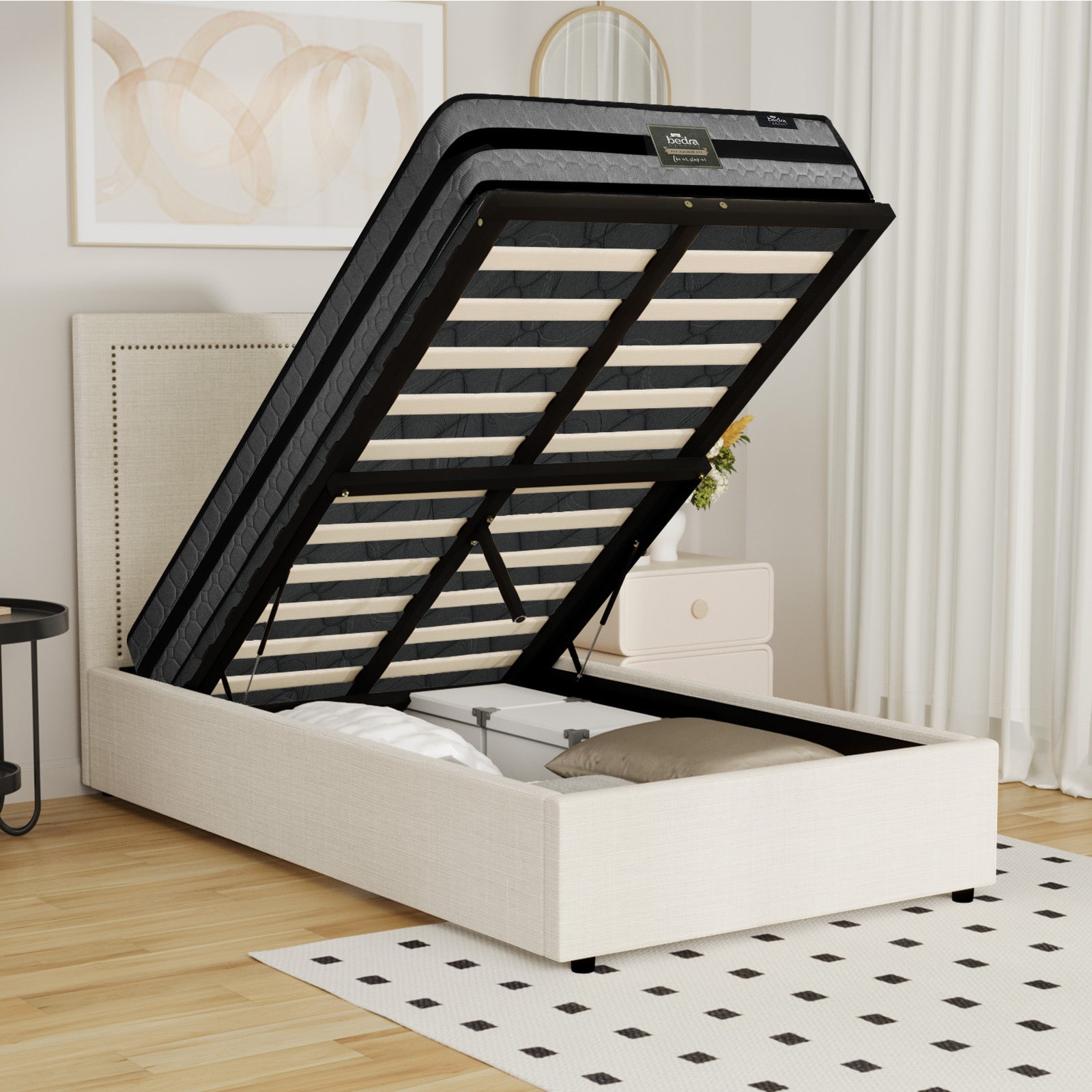 Oikiture Bed Frame King Single Size Gas Lift Storage Beds With Mattress Set ADI - Sunyee