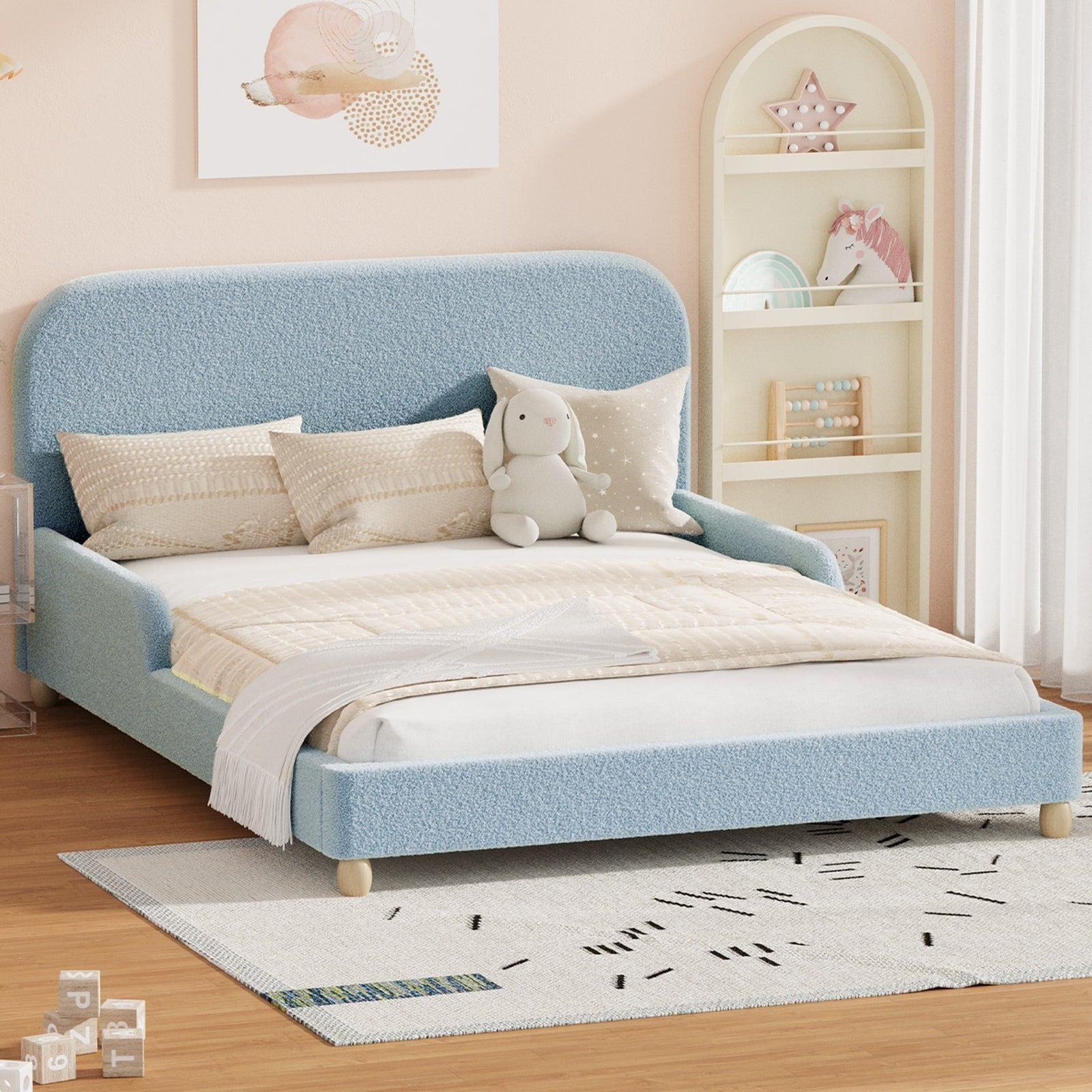 Oikiture Kids Bed Frame Double Size Base with Side Guard Rails Boucle Blue
