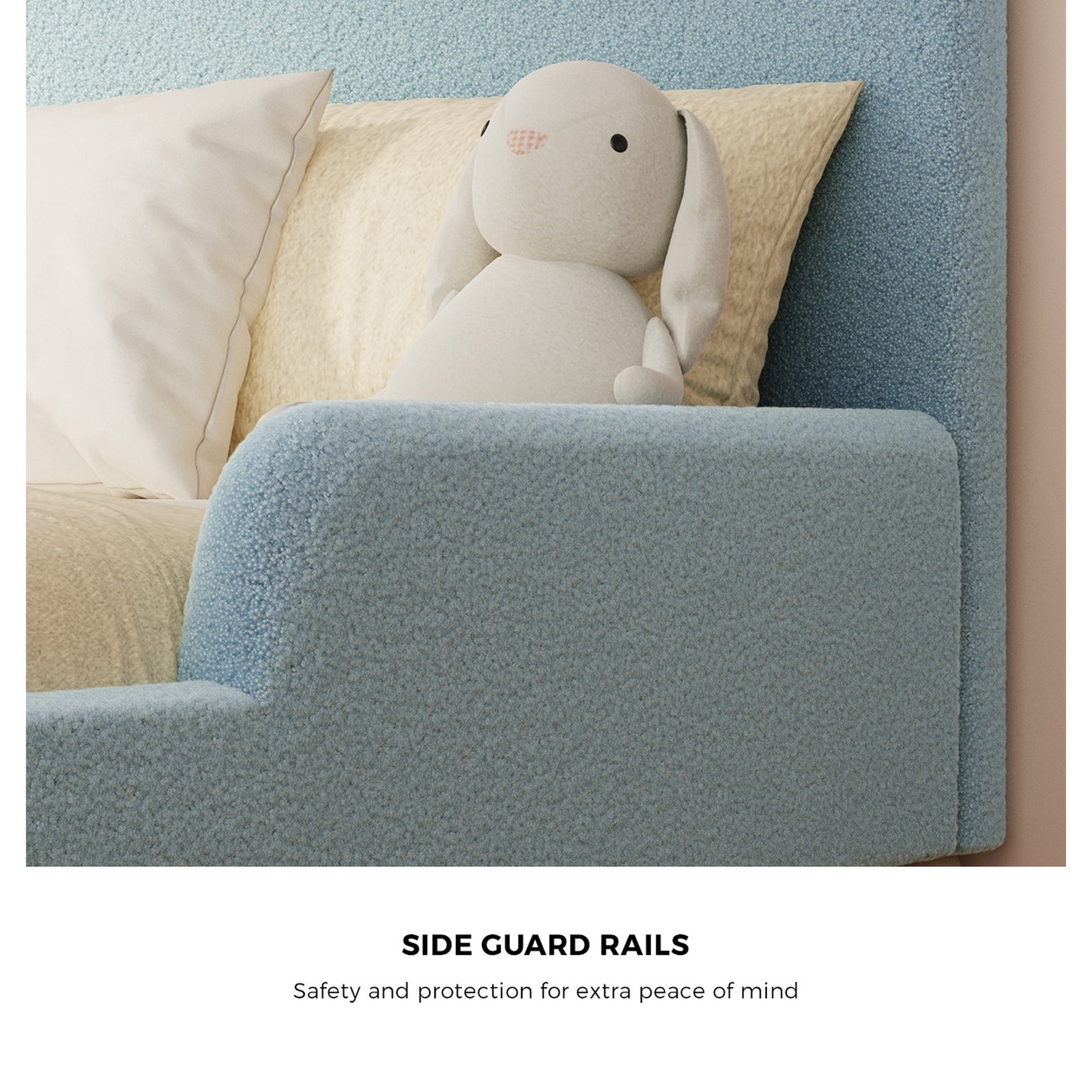 Oikiture Kids Bed Frame Double Size Base with Side Guard Rails Boucle Blue