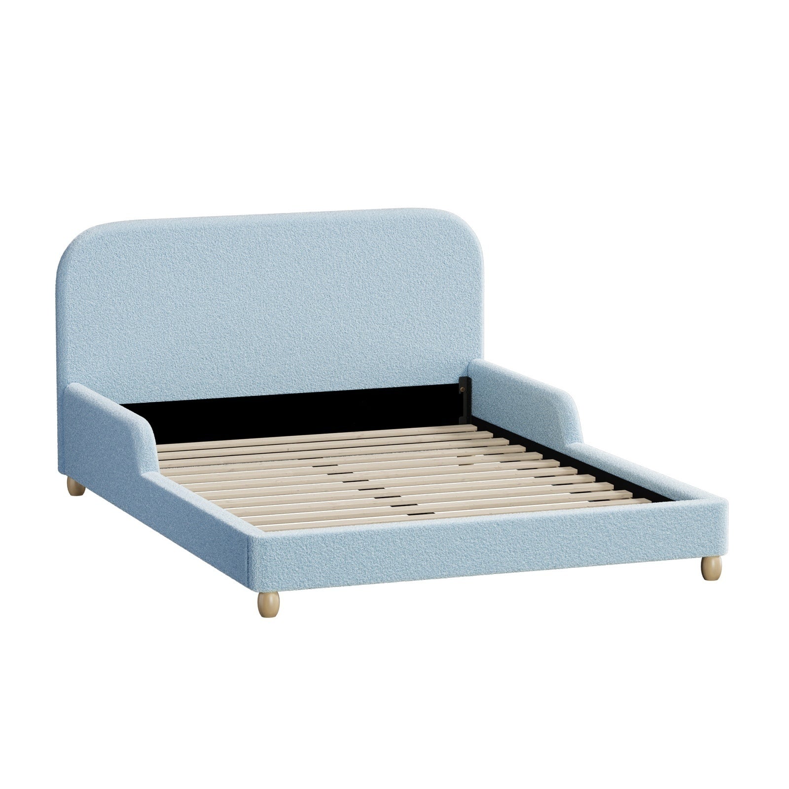 Oikiture Kids Bed Frame Double Size Base with Side Guard Rails Boucle Blue
