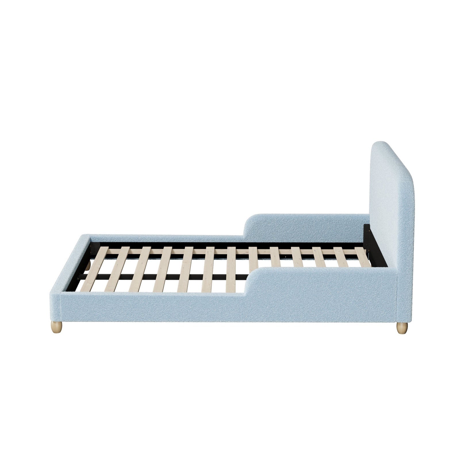 Oikiture Kids Bed Frame Double Size Base with Side Guard Rails Boucle Blue