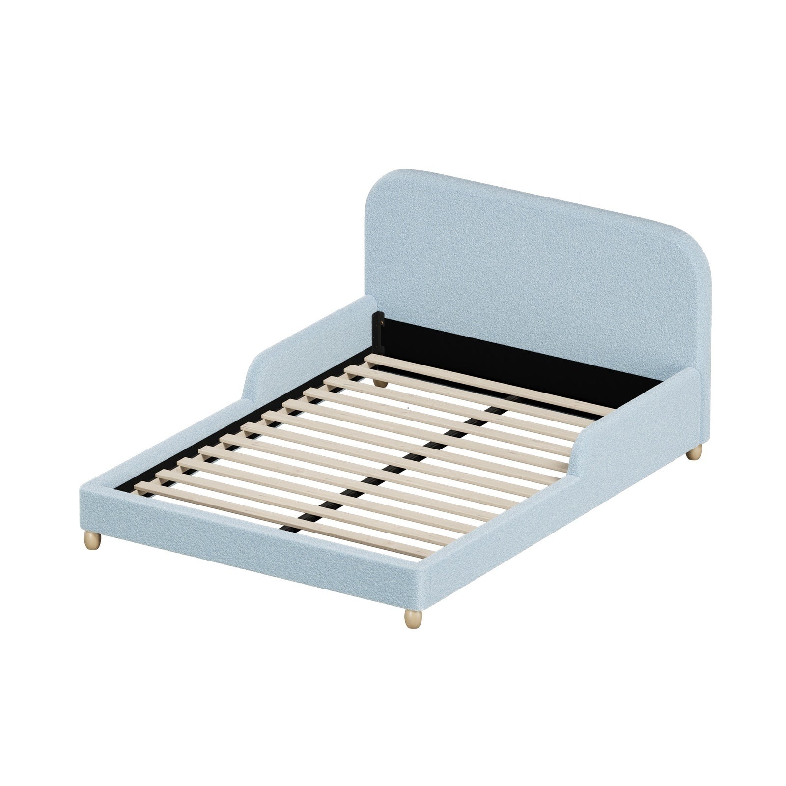 Oikiture Kids Bed Frame Double Size Base with Side Guard Rails Boucle Blue