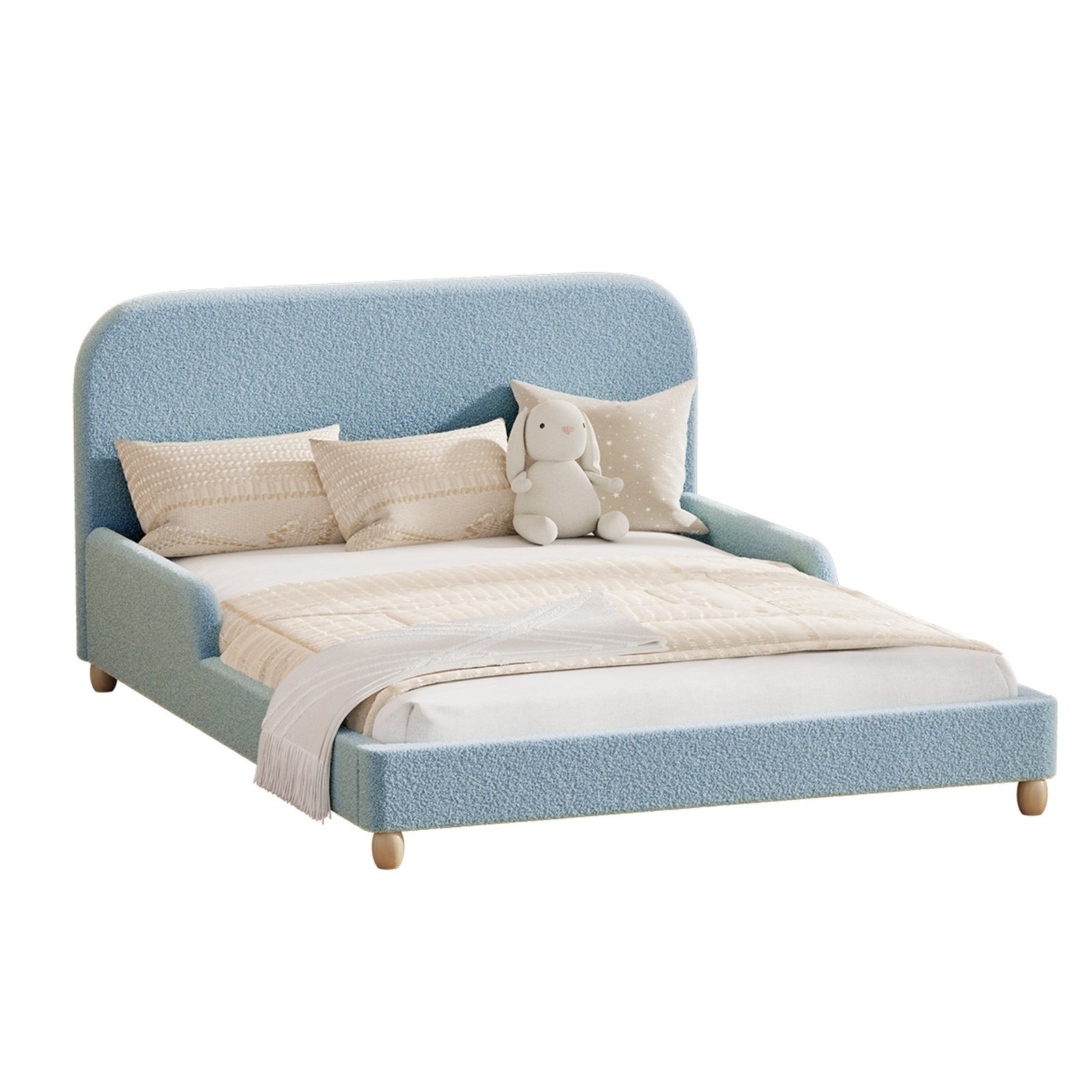 Oikiture Kids Bed Frame Double Size Base with Side Guard Rails Boucle Blue