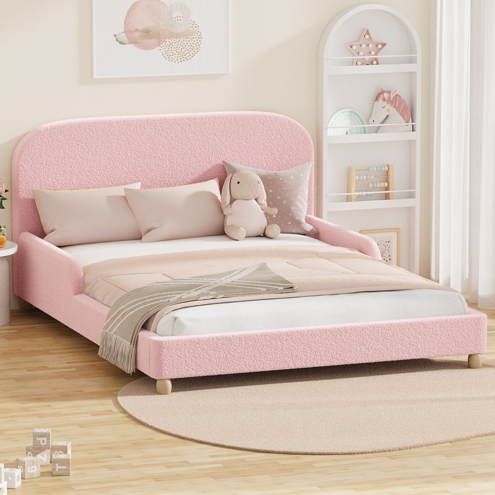 Oikiture Kids Bed Frame Double Size Base with Side Guard Rails Boucle Pink - Sunyee