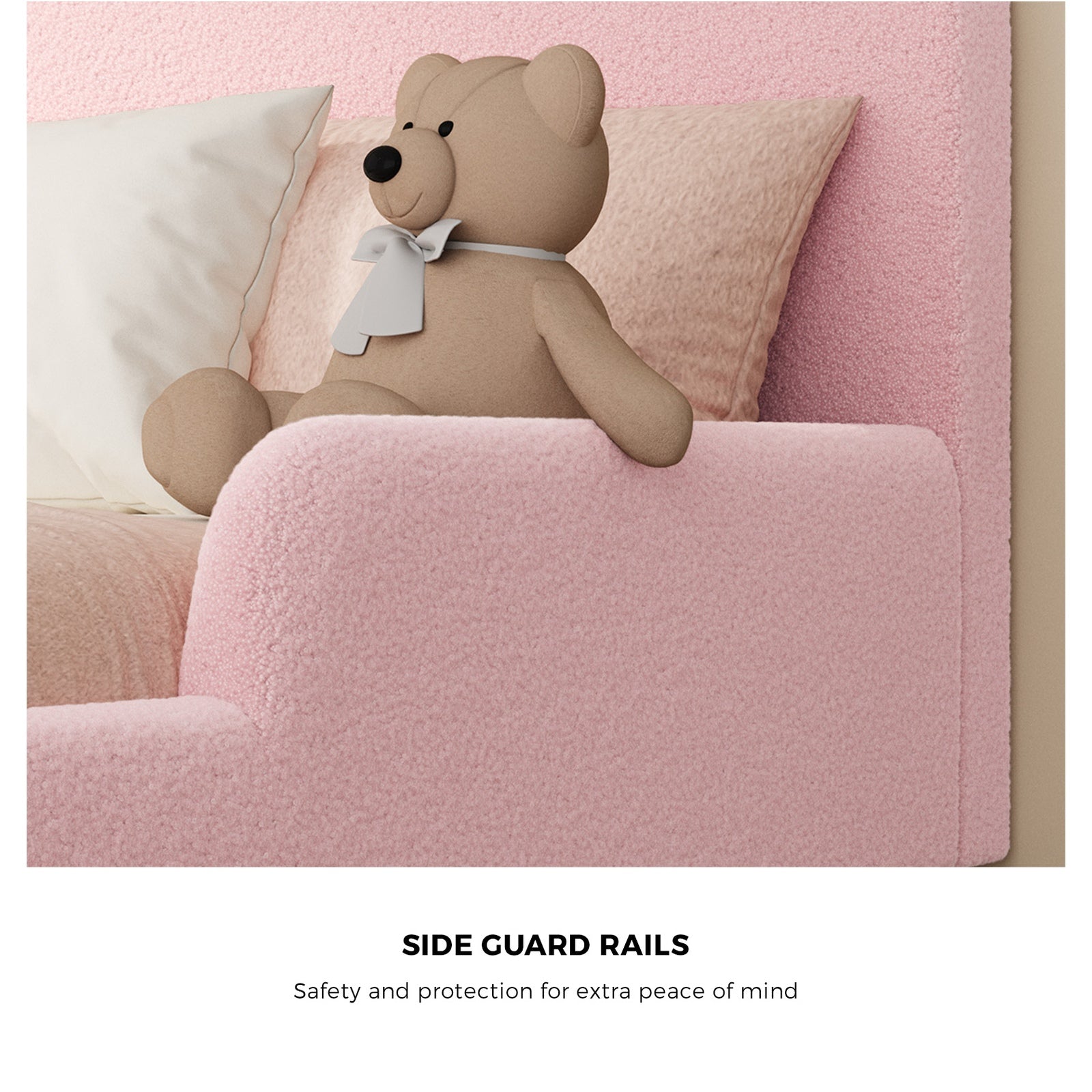 Oikiture Kids Bed Frame Double Size Base with Side Guard Rails Boucle Pink - Sunyee