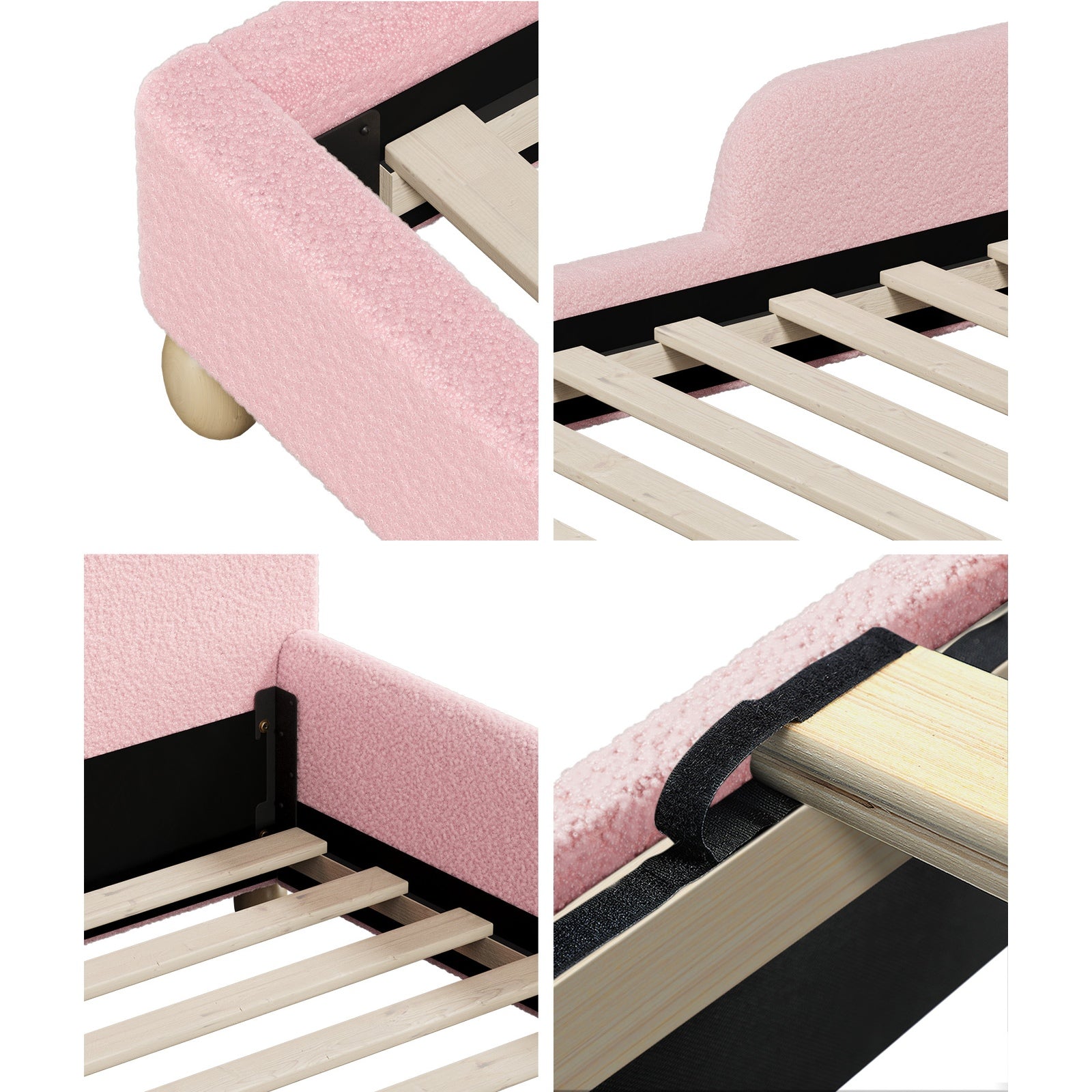 Oikiture Kids Bed Frame Double Size Base with Side Guard Rails Boucle Pink - Sunyee