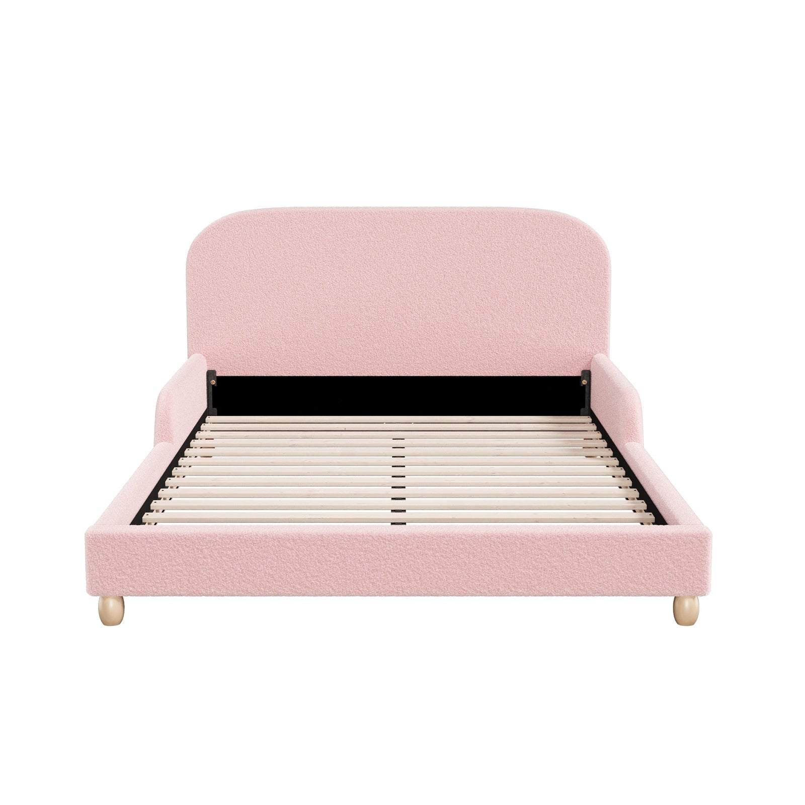 Oikiture Kids Bed Frame Double Size Base with Side Guard Rails Boucle Pink
