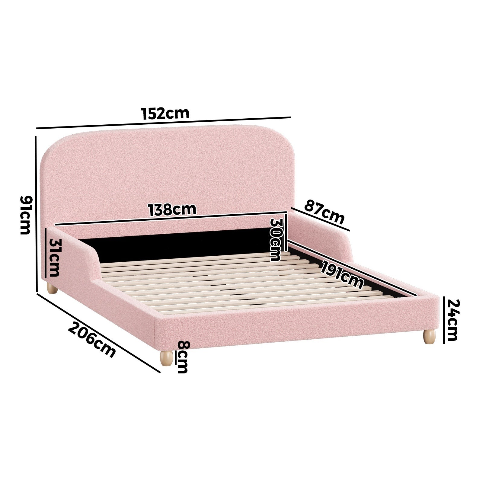 Oikiture Kids Bed Frame Double Size Base with Side Guard Rails Boucle Pink