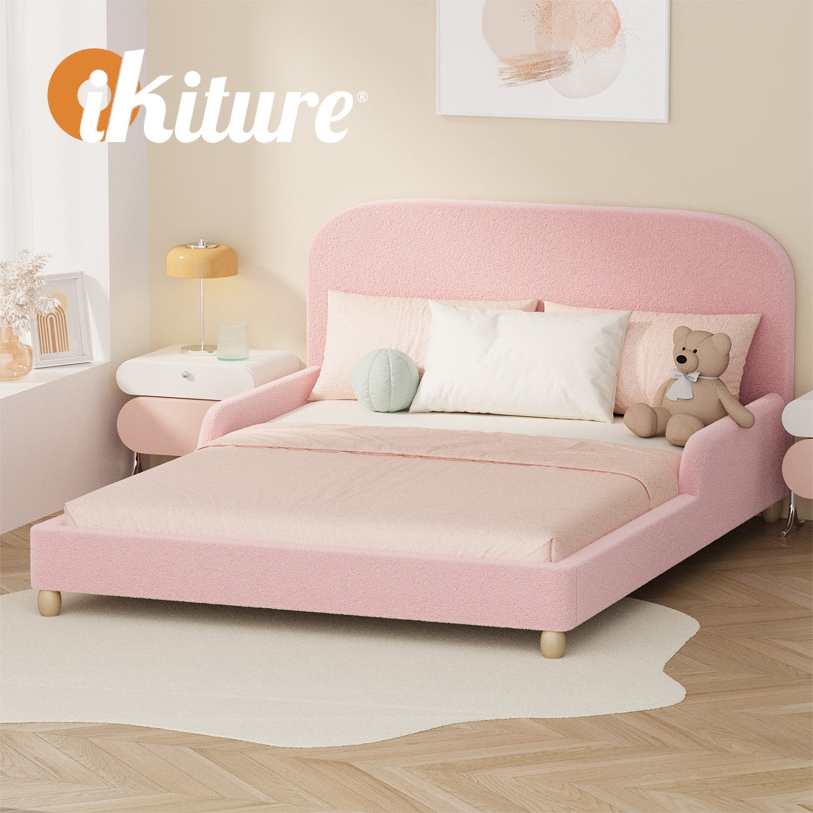 Oikiture Kids Bed Frame Double Single Size Side Guard Rails Boucle Pink
