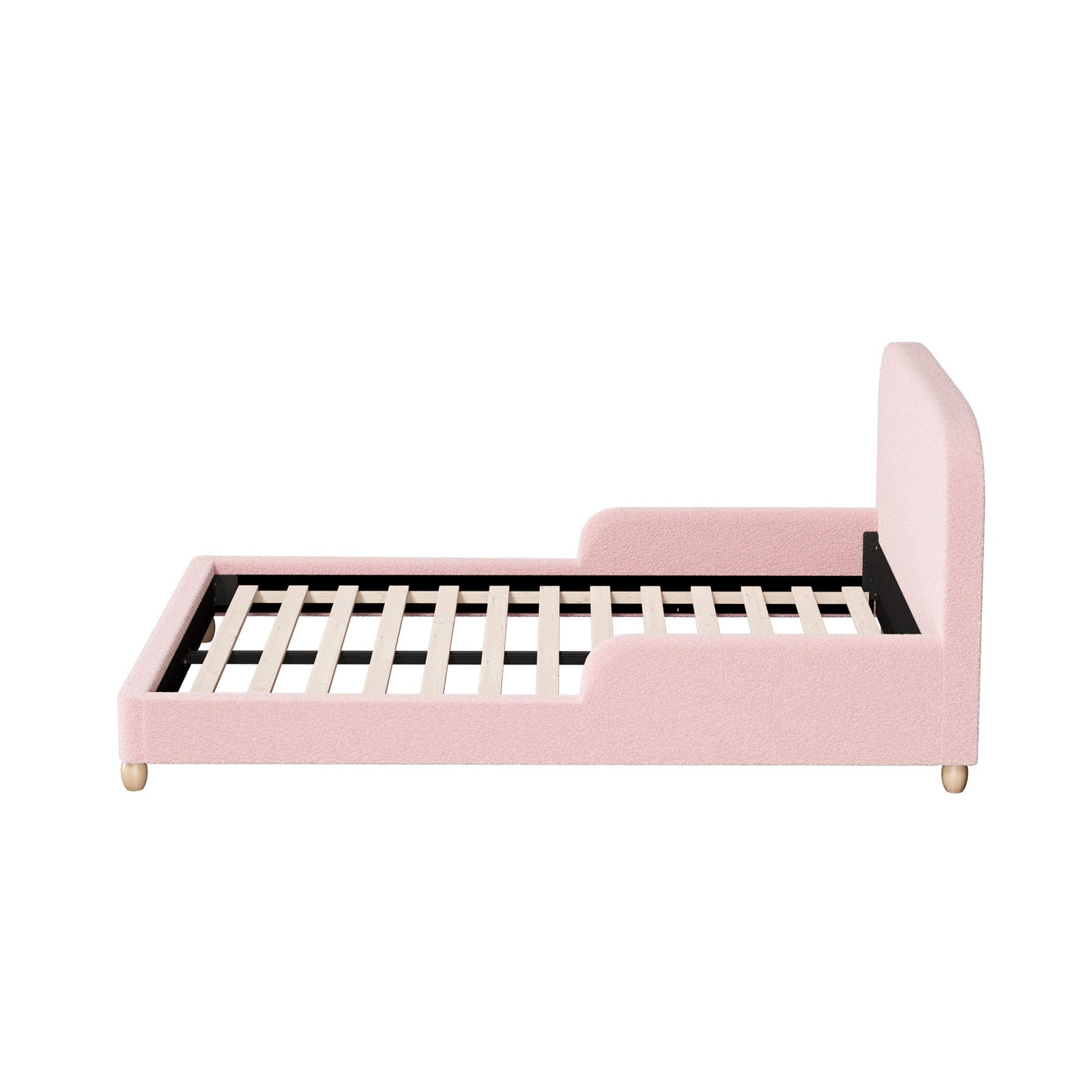 Oikiture Kids Bed Frame Double Single Size Side Guard Rails Boucle Pink