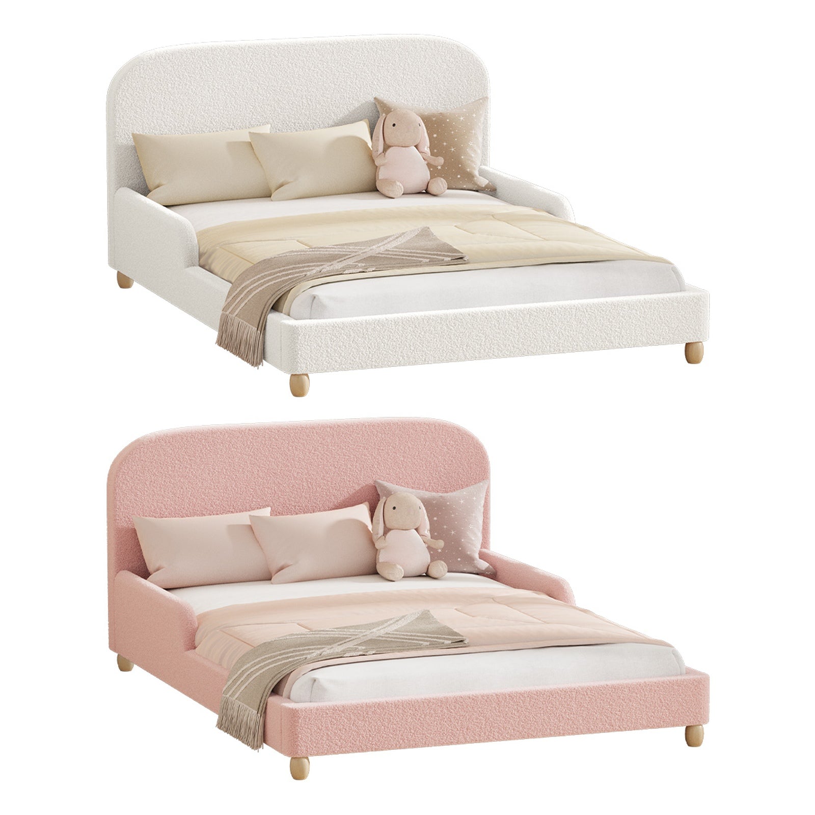 Oikiture Kids Bed Frame Double Single Platform Beds Side Guard Rails Boucle - Sunyee